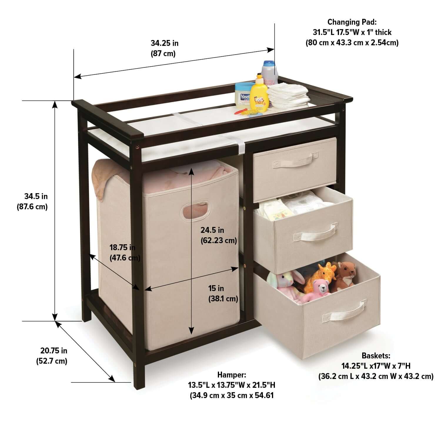 Modern Baby Changing Table with Hamper and 3 Baskets - Dimension Image of Modern Baby Changing Table with Hamper and 3 Baskets Espresso