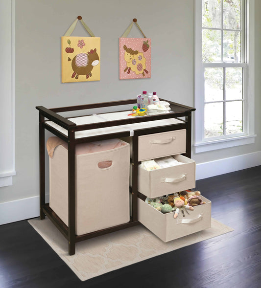 Modern Baby Changing Table with Hamper and 3 Baskets - Lifestyle Image Inclined Side View of Open Drawer Modern Baby Changing Table with Hamper and 3 Baskets Espresso