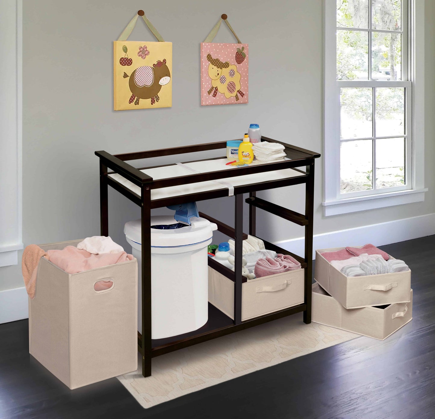 Modern Baby Changing Table with Hamper and 3 Baskets - Lifestyle Image Inclined Side View of Modern Baby Changing Table with Removeable Hamper and 3 Baskets Espresso