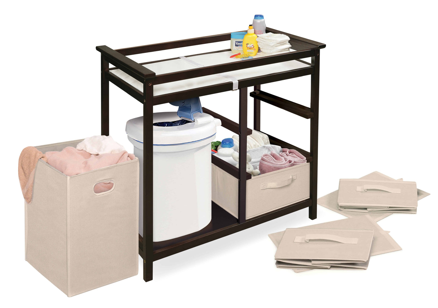 Modern Baby Changing Table with Hamper and 3 Baskets - Inclined Side View of Modern Baby Changing Table with Removeable Hamper and 3 Baskets Espresso
