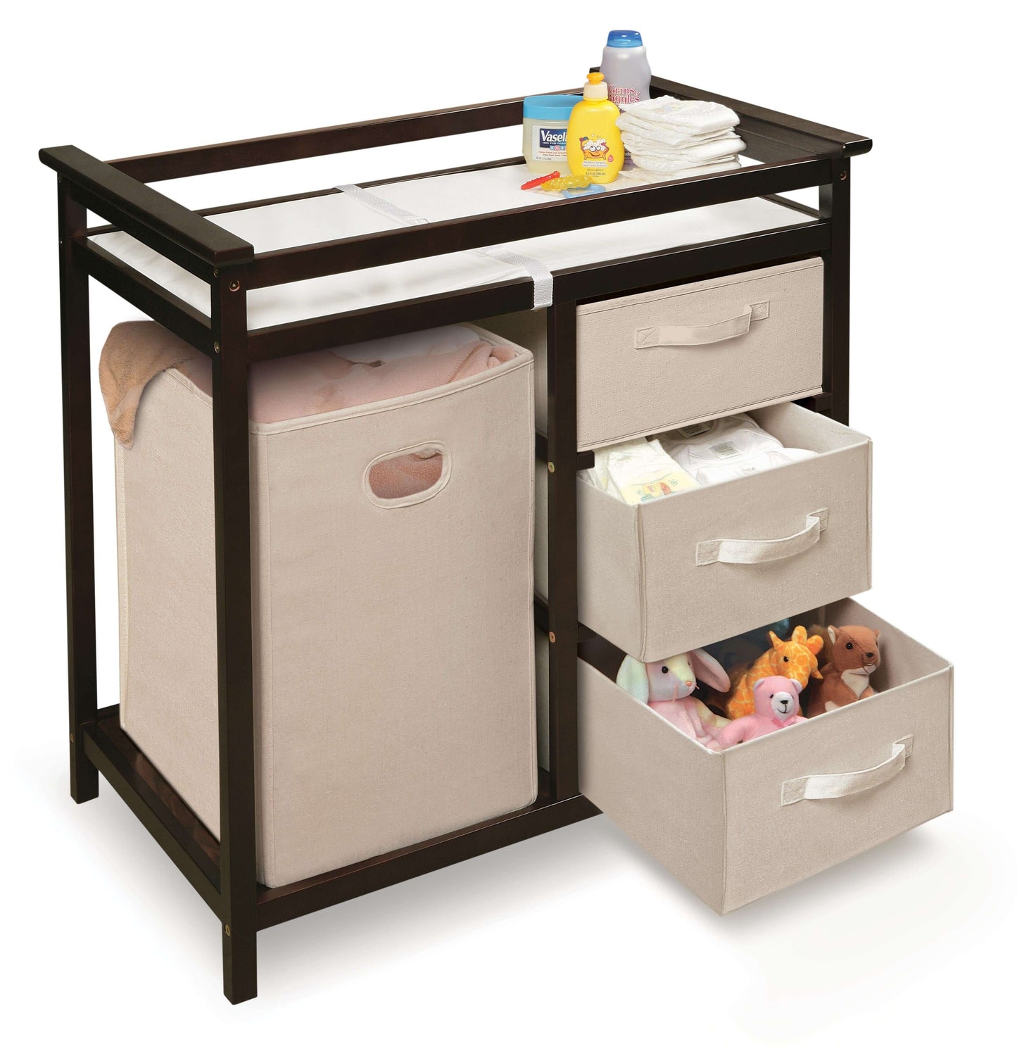 Modern Baby Changing Table with Hamper and 3 Baskets - Inclined Side View of Open Drawer Modern Baby Changing Table with Hamper and 3 Baskets Espresso