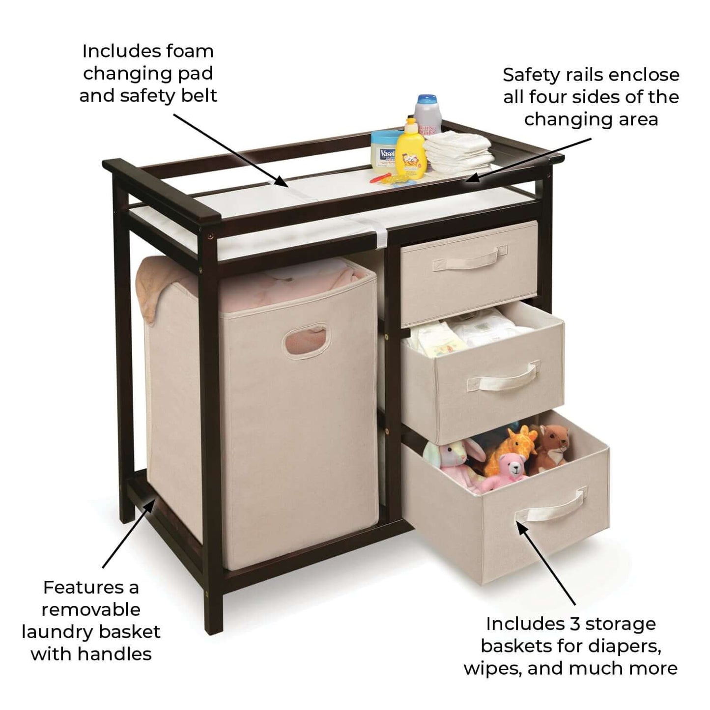 Modern Baby Changing Table with Hamper and 3 Baskets - Feature Image of Modern Baby Changing Table with Hamper and 3 Baskets Espresso