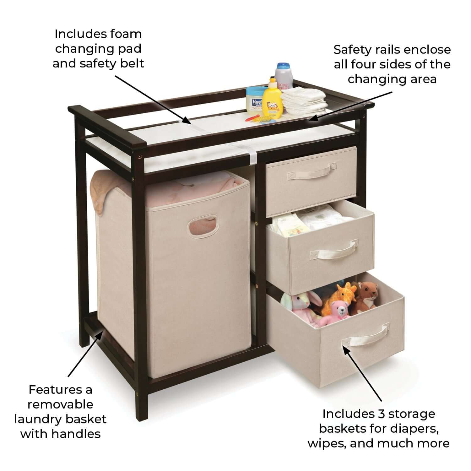 Modern Baby Changing Table with Hamper and 3 Baskets - Feature Image of Modern Baby Changing Table with Hamper and 3 Baskets Espresso