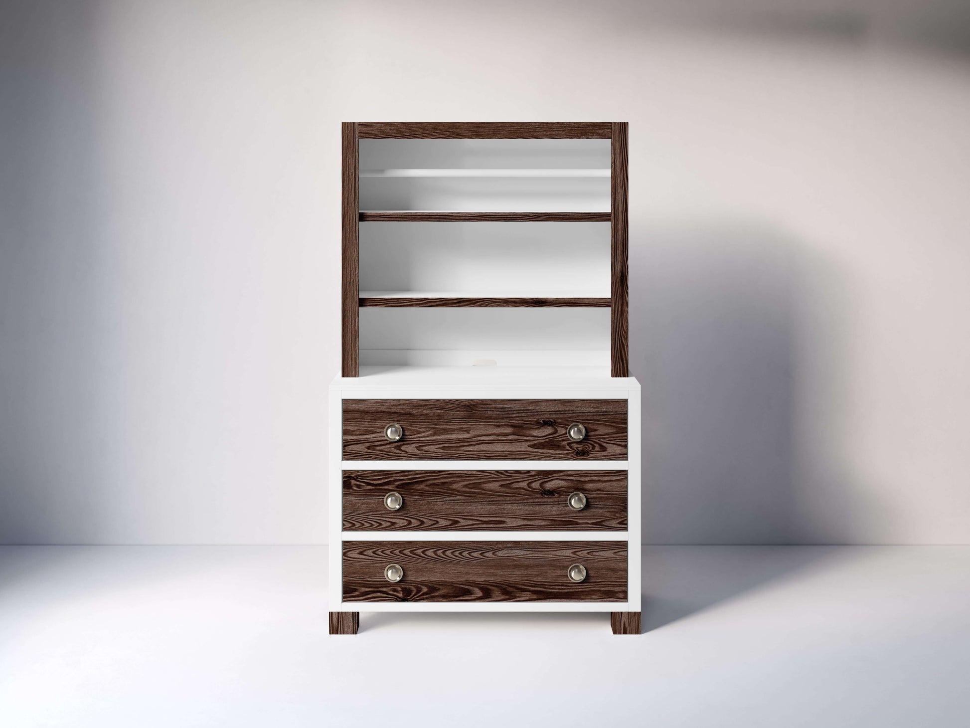 True Hutch/ Bookcase - Front View of Hutch/ Bookcase Mud with Snow on Top of Double Dresser
