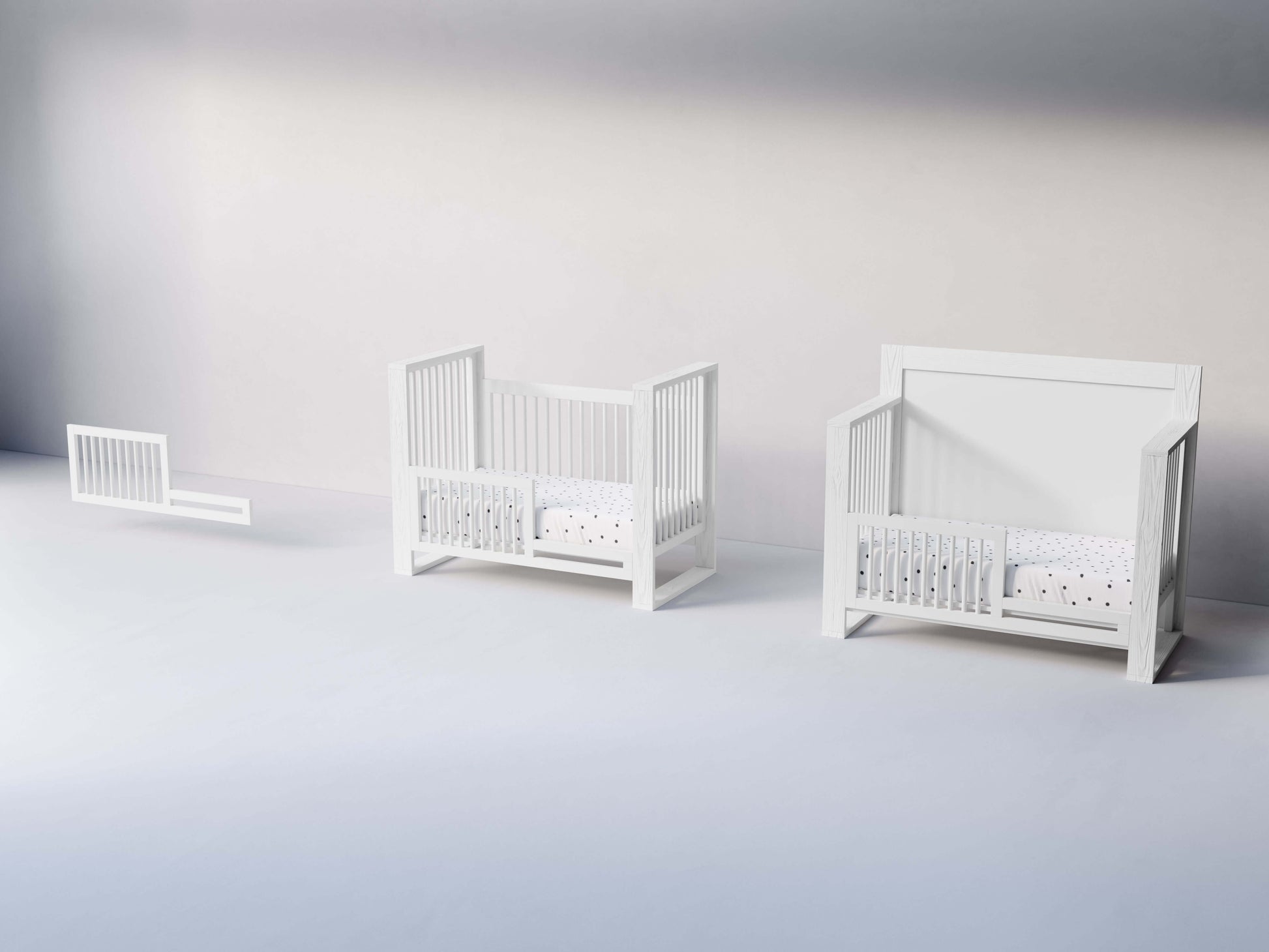 True Toddler Bed Conversion Kit - Side View of Toddler Bed Conversion Kit Snow White Installed in Crib