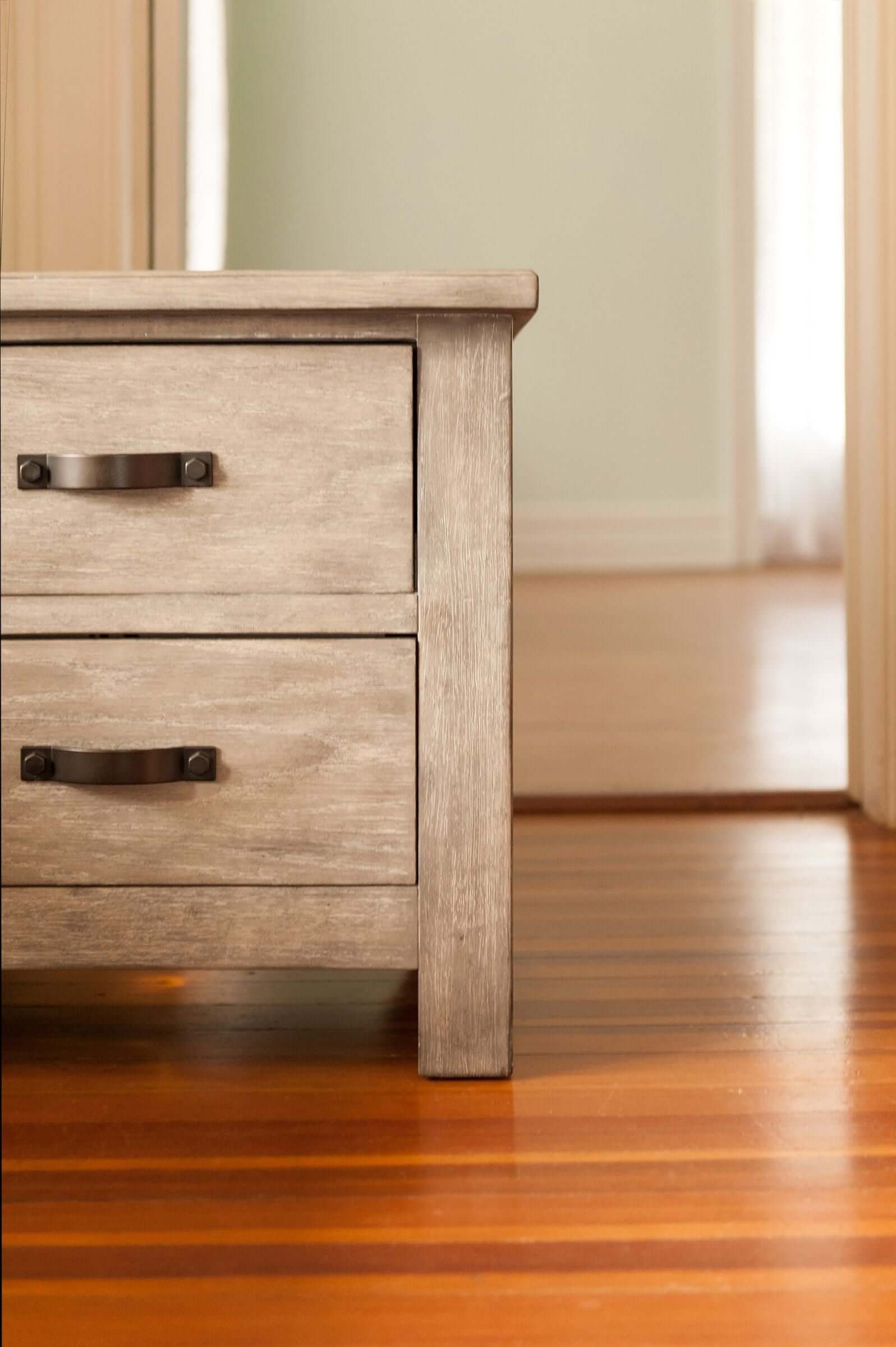 Relic 2-Drawer Nightstand - Zoomed Lifestyle Image Front View of 2-Drawer Nightstand Fossil