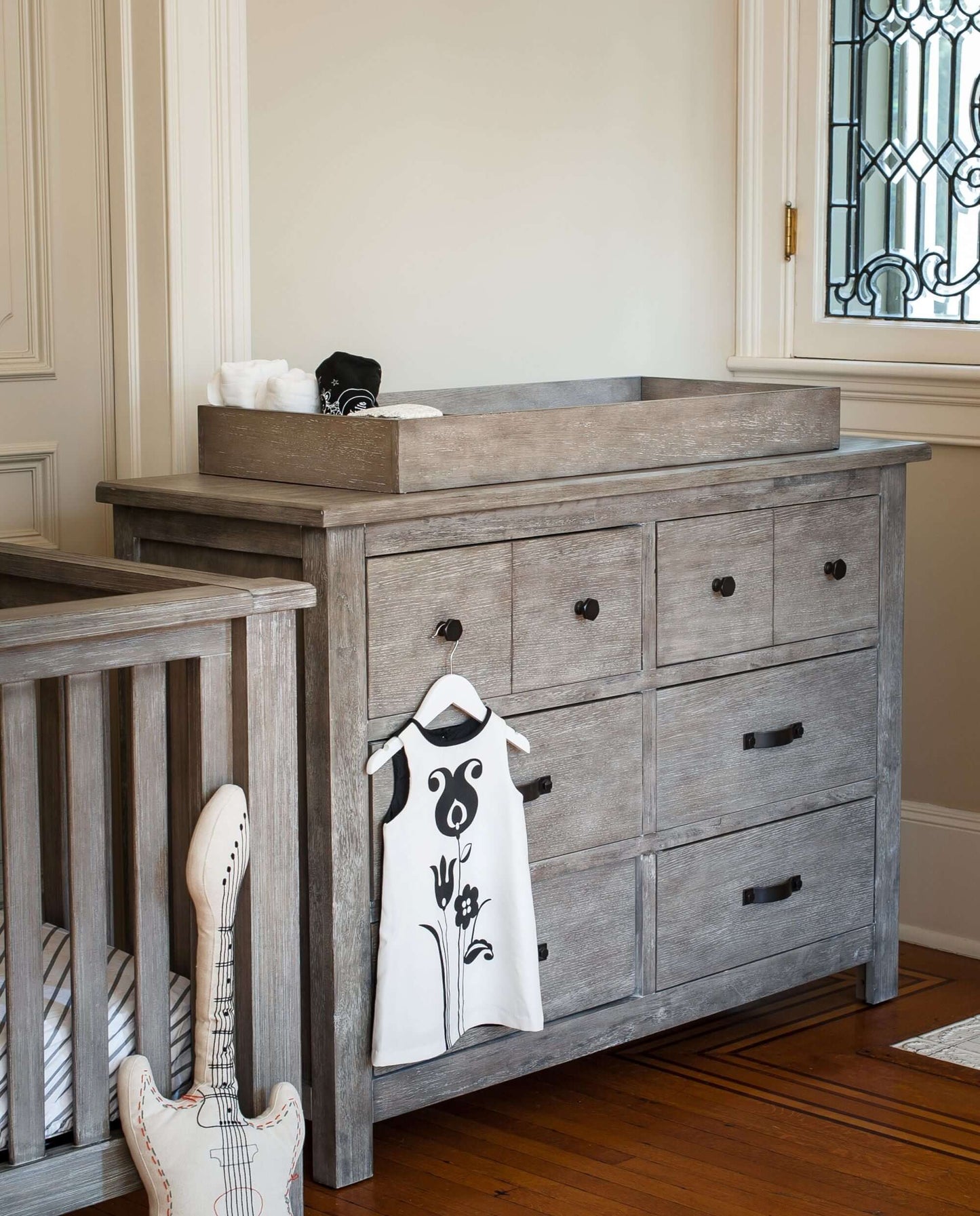Relic Changer Tray - Lifestyle Image Side View of Changer Tray Fossil on top of Double Drawer Dresser