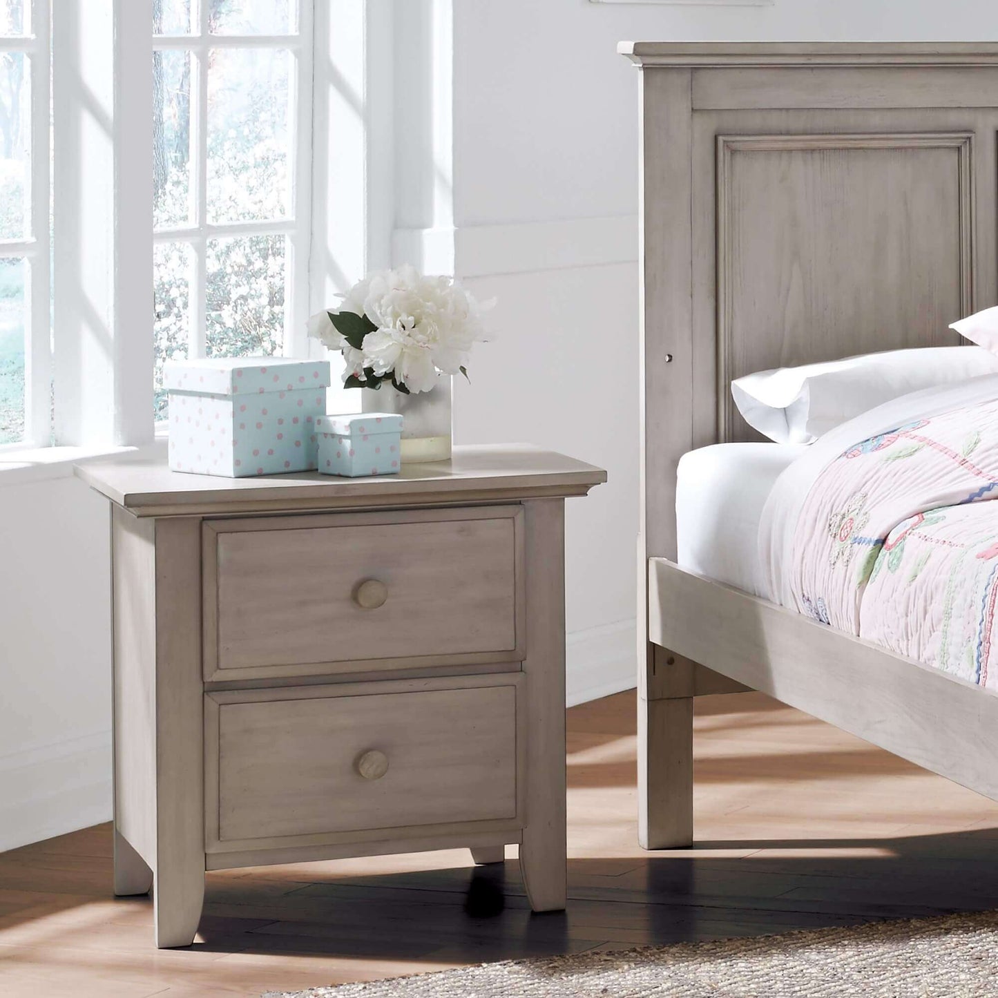 Kenilworth 2-Drawer Nightstand - Lifestyle Image Inclined Side View of Kenilworth 2-Drawer Nightstand Stone Wash