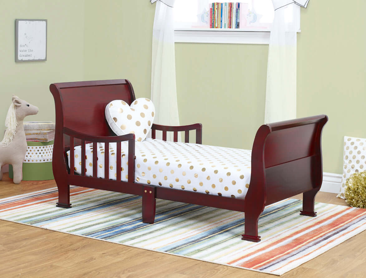 Sleigh Toddler Bed - Lifestyle Image Inclined Side View of Sleigh Toddler Bed Cherry