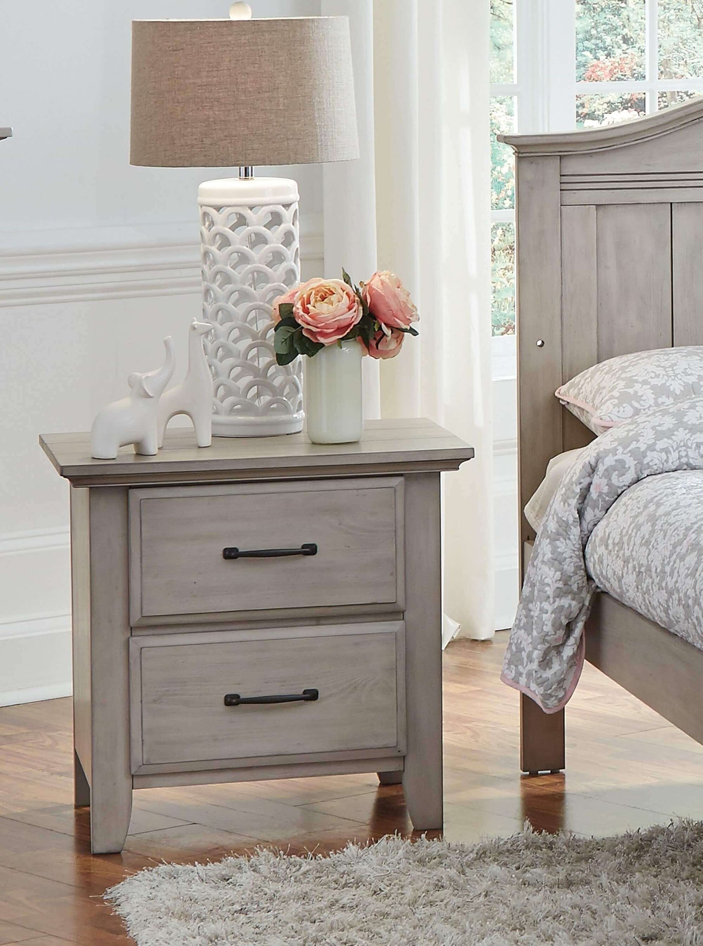 Chandler 2 Drawer Nightstand - Lifestyle Image Inclined Side View of Chandler 2 Drawer Nightstand Stone Wash