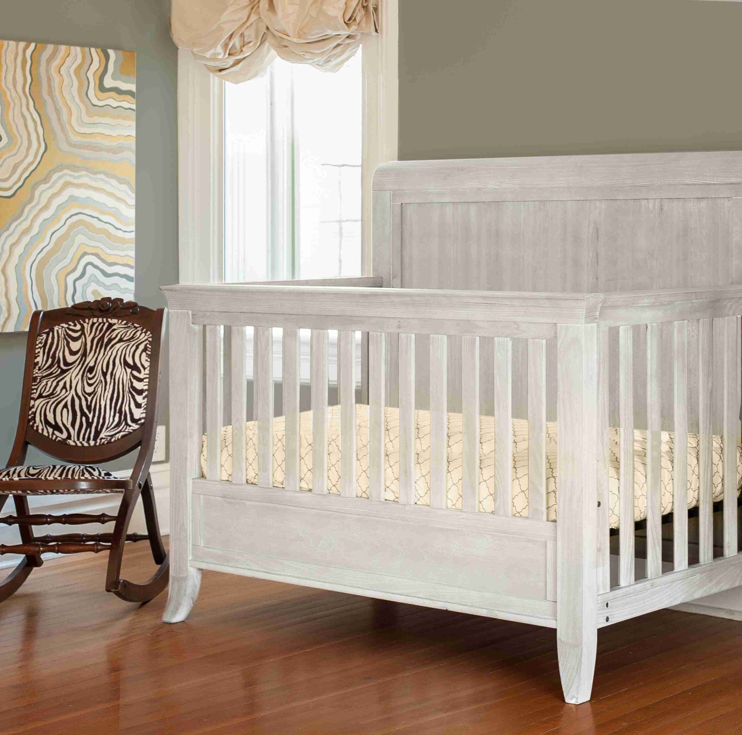 Cameo Sleigh Toddler Bed Conversion Kit - Lifestyle Image Side View of Sleigh Crib Steam