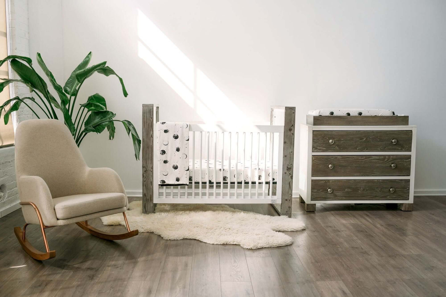 True Traditional 3 in 1 Crib -  Lifestyle Image of Traditional 3 in 1 Crib Mud with Snow  with Dresser