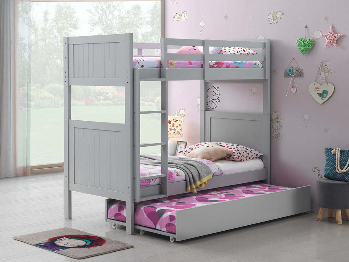 Bunk Bed - Model 2022 - Lifestyle Image Inclined Side View of Bunk Bed Model 2022 Gray with Guard Rail