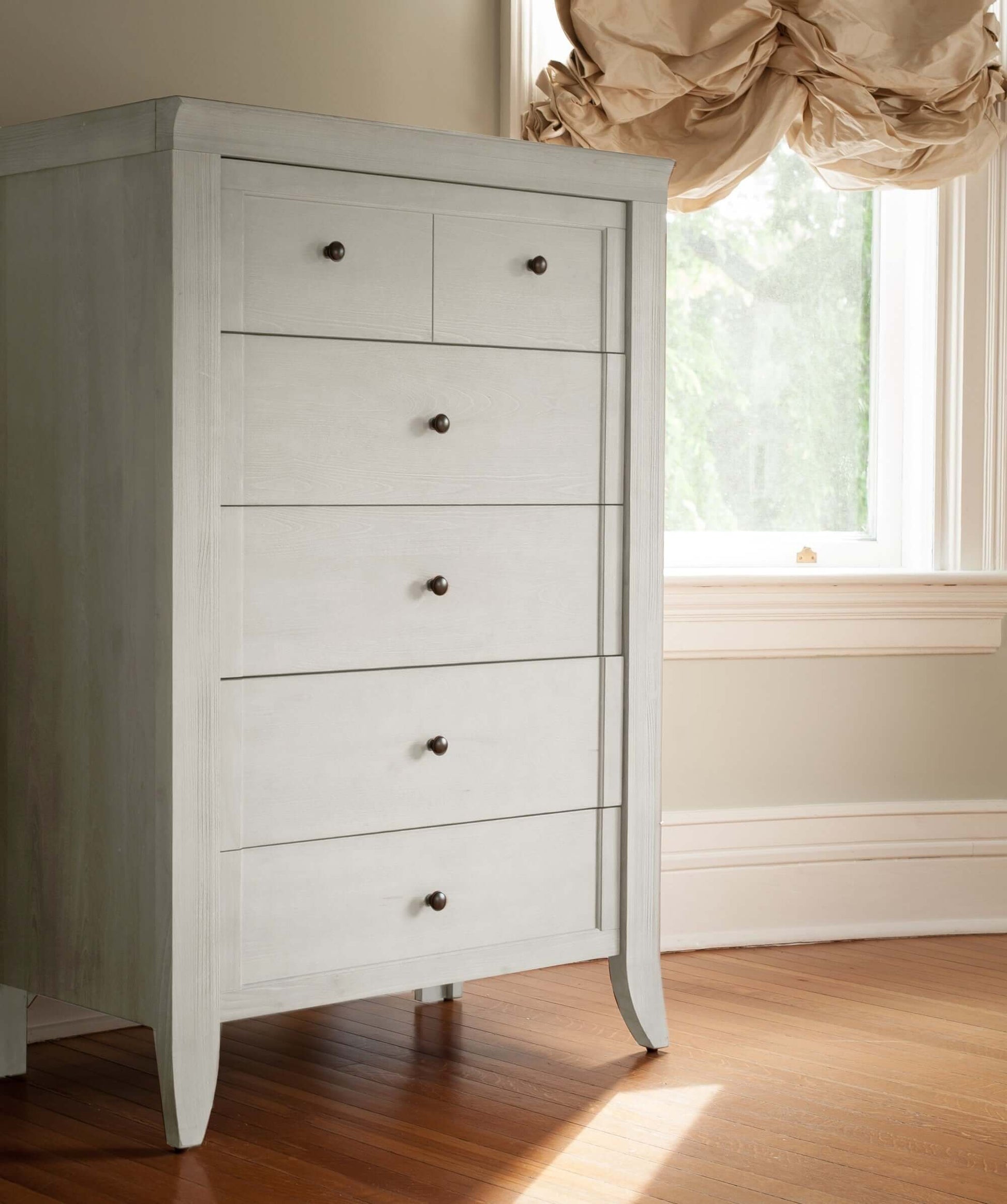 Cameo Tall 5 Drawer Chest - Lifestyle Image Side View of Cameo Tall 5 Drawer Chest Steam
