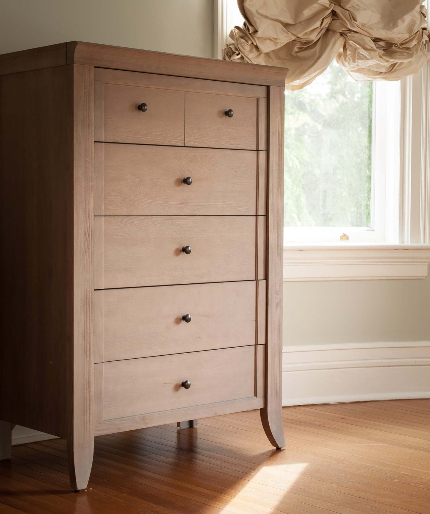 Cameo Tall 5 Drawer Chest - Lifestyle Image Side View of Cameo Tall 5 Drawer Chest Toast