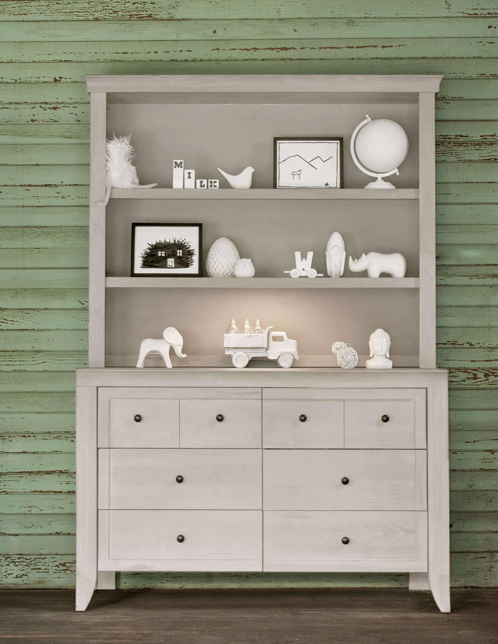 Cameo Hutch/Bookcase - Lifestyle Image Front View of Cameo Hutch/Bookcase Steam on top of Double Drawer Dresser