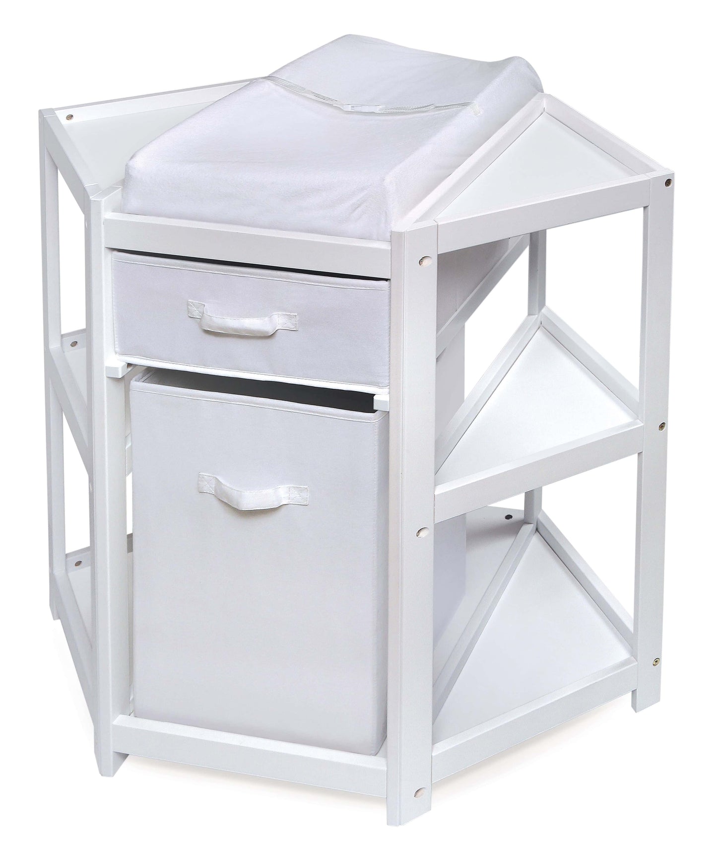 Diaper Corner Baby Changing Table with Hamper and Basket - Inclined Front View of Diaper Corner Baby Changing Table with Hamper and Basket White