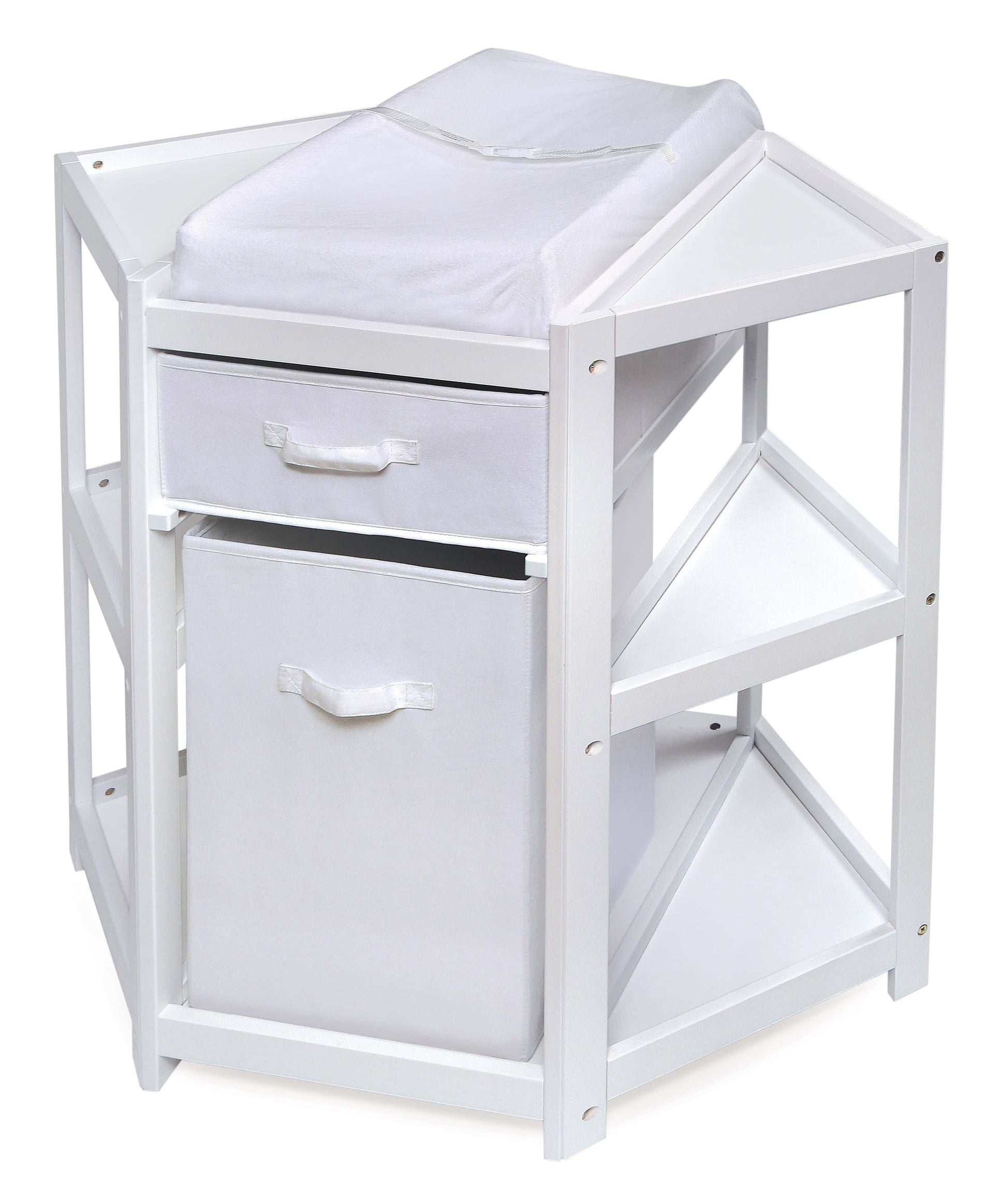 Diaper Corner Baby Changing Table with Hamper and Basket - Inclined Front View of Diaper Corner Baby Changing Table with Hamper and Basket White