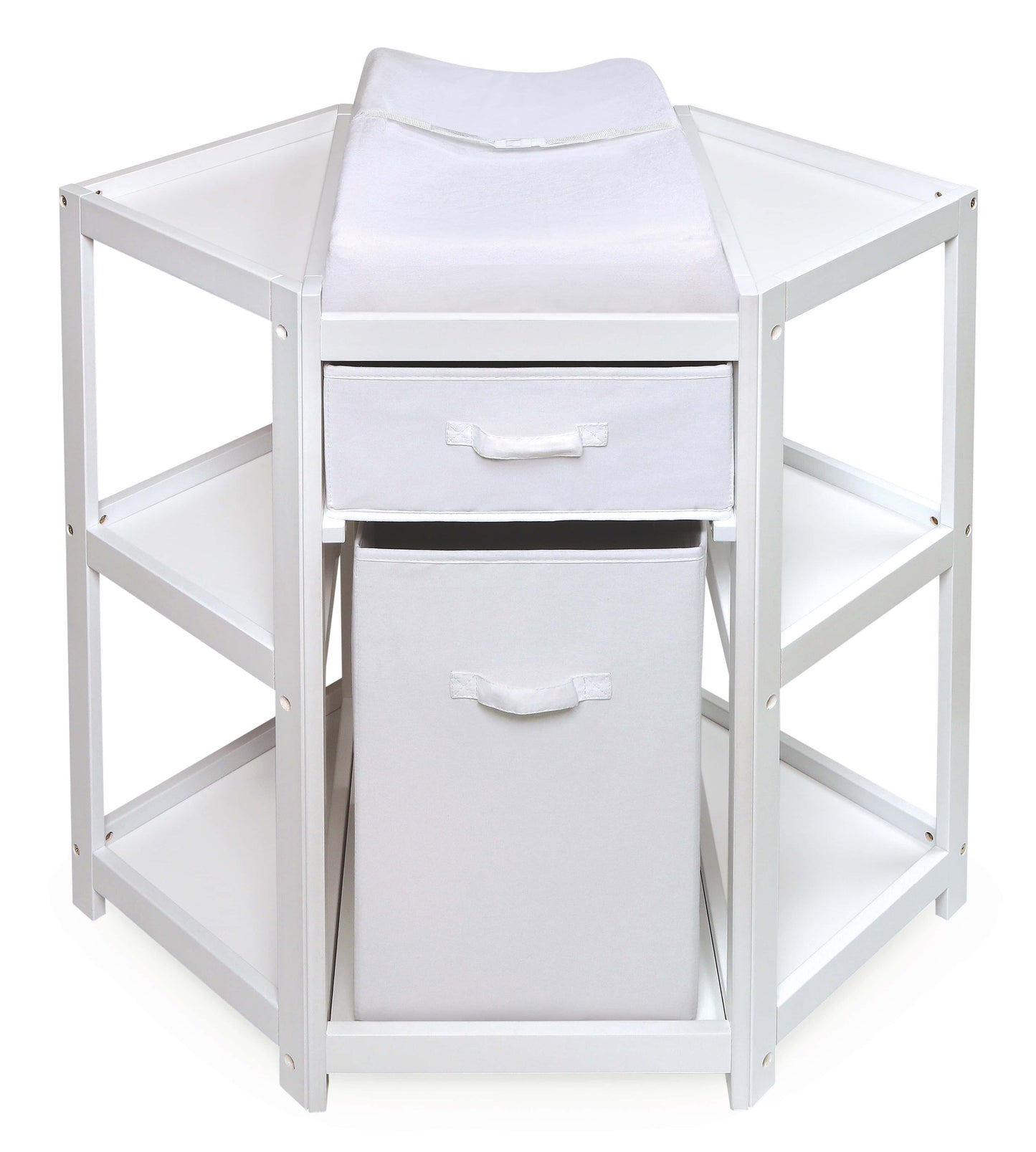 Diaper Corner Baby Changing Table with Hamper and Basket - Front View of Diaper Corner Baby Changing Table with Hamper and Basket White