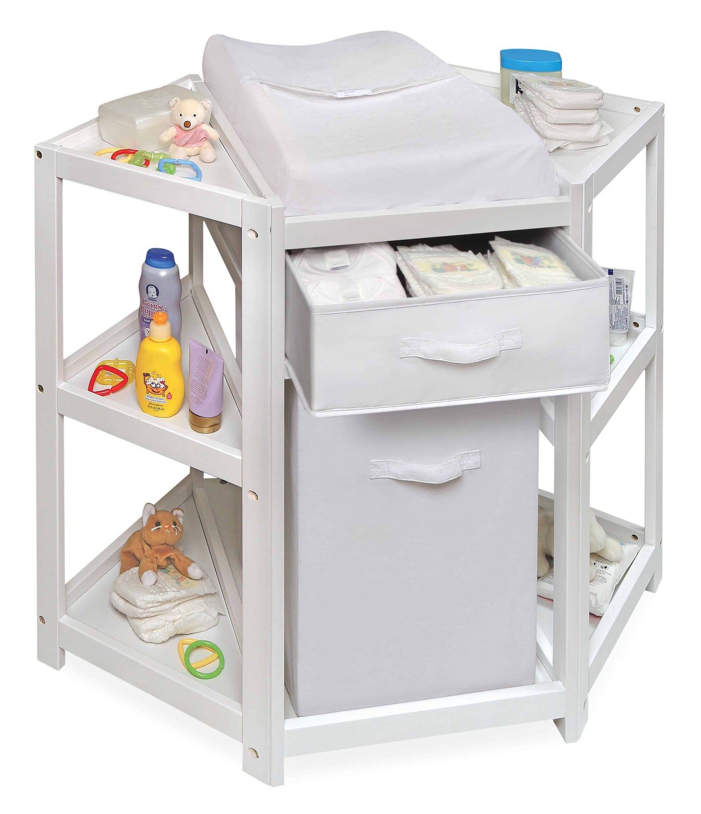 Diaper Corner Baby Changing Table with Hamper and Basket - Inclined Front View of Diaper Corner Baby Changing Table with Open Hamper and Basket White