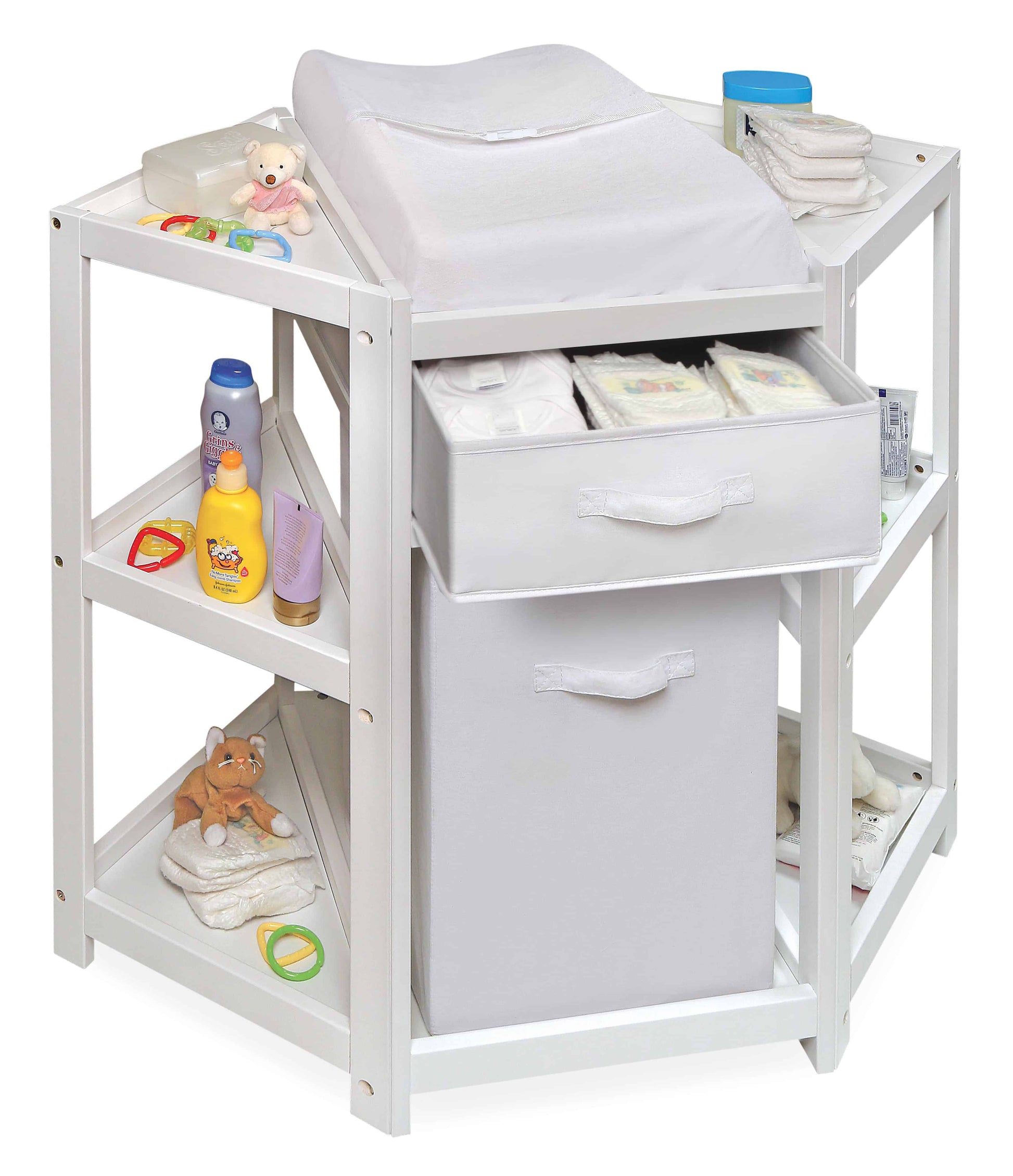 Diaper Corner Baby Changing Table with Hamper and Basket - Inclined Front View of Diaper Corner Baby Changing Table with Open Hamper and Basket White