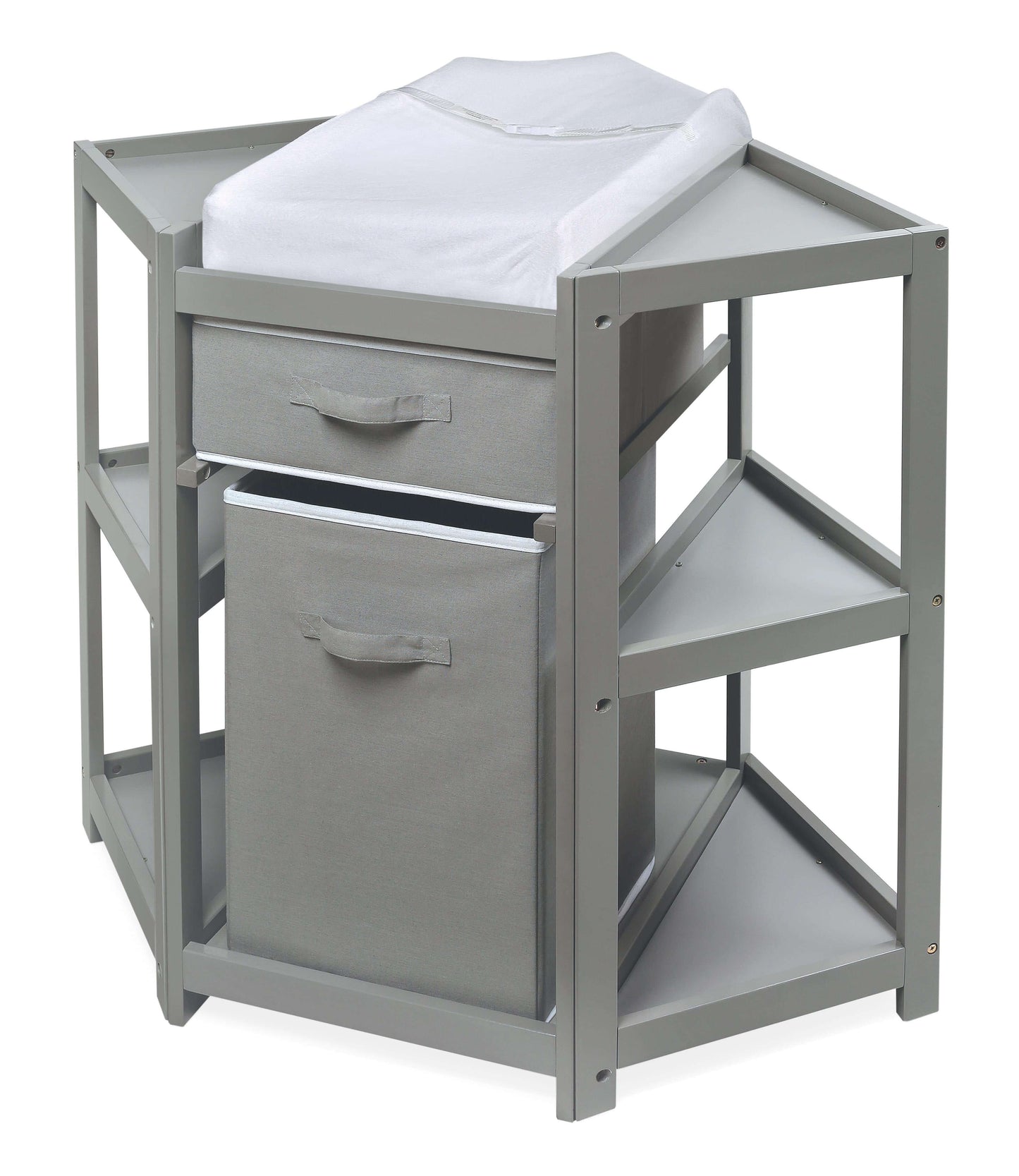 Diaper Corner Baby Changing Table with Hamper and Basket - Inclined Front View of Diaper Corner Baby Changing Table with Hamper and Basket Multi Tone Gray