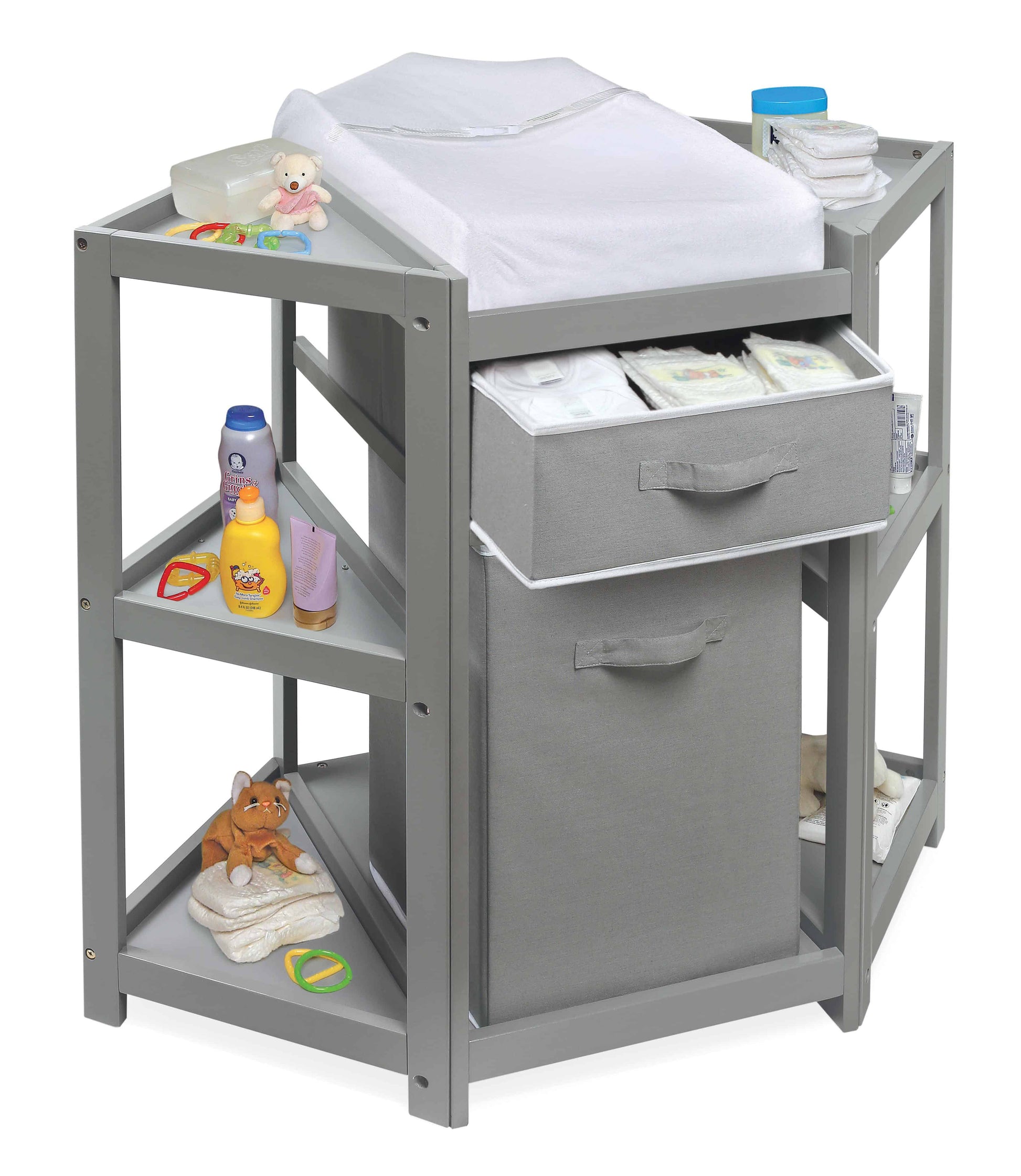 Diaper Corner Baby Changing Table with Hamper and Basket - Inclined Front View of Diaper Corner Baby Changing Table with Open Hamper and Basket Multi Tone Gray