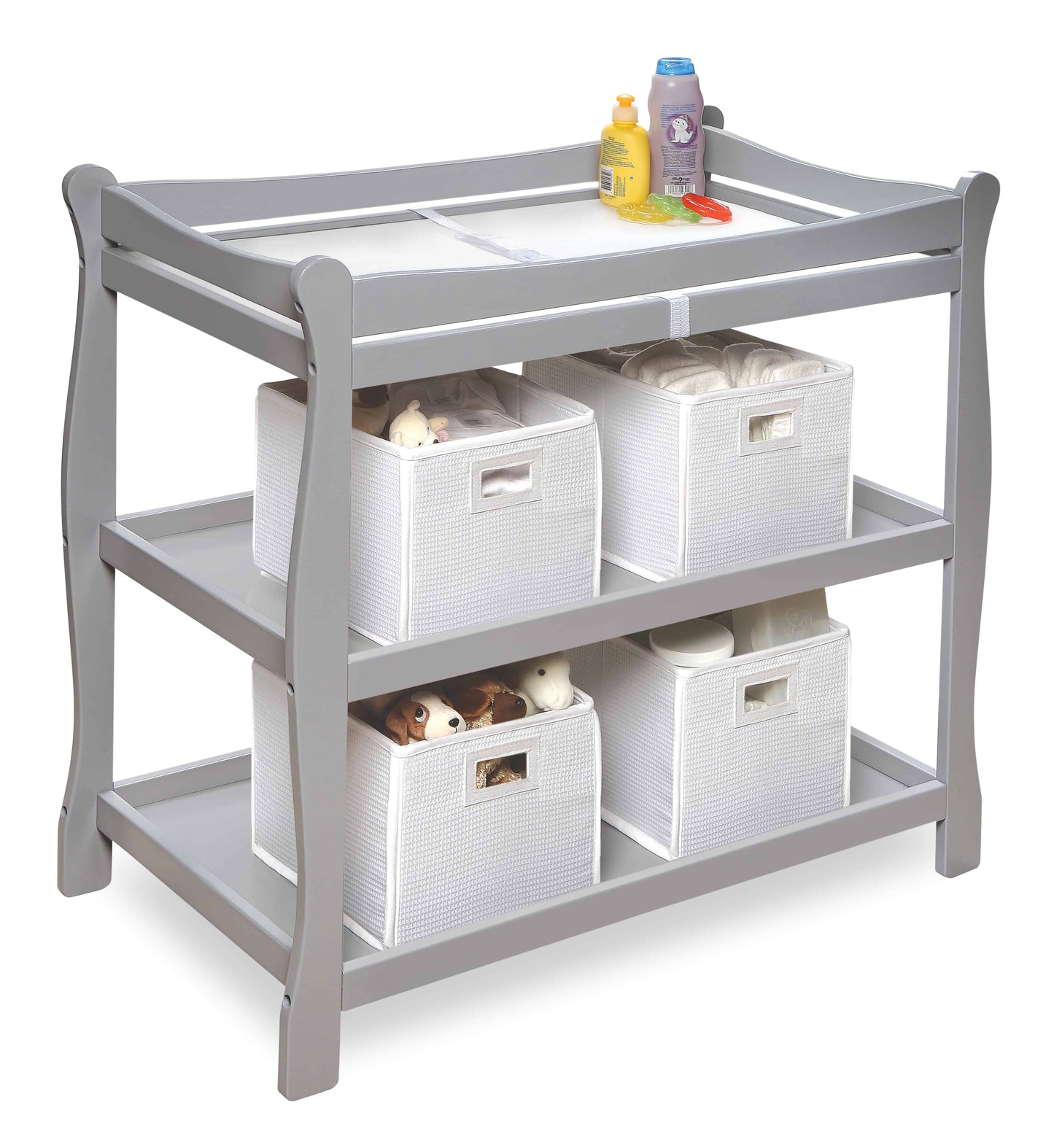 Sleigh Style Baby Changing Table - Inclined Side View of Sleigh Style Baby Changing Table Multi Tone Gray In Usage