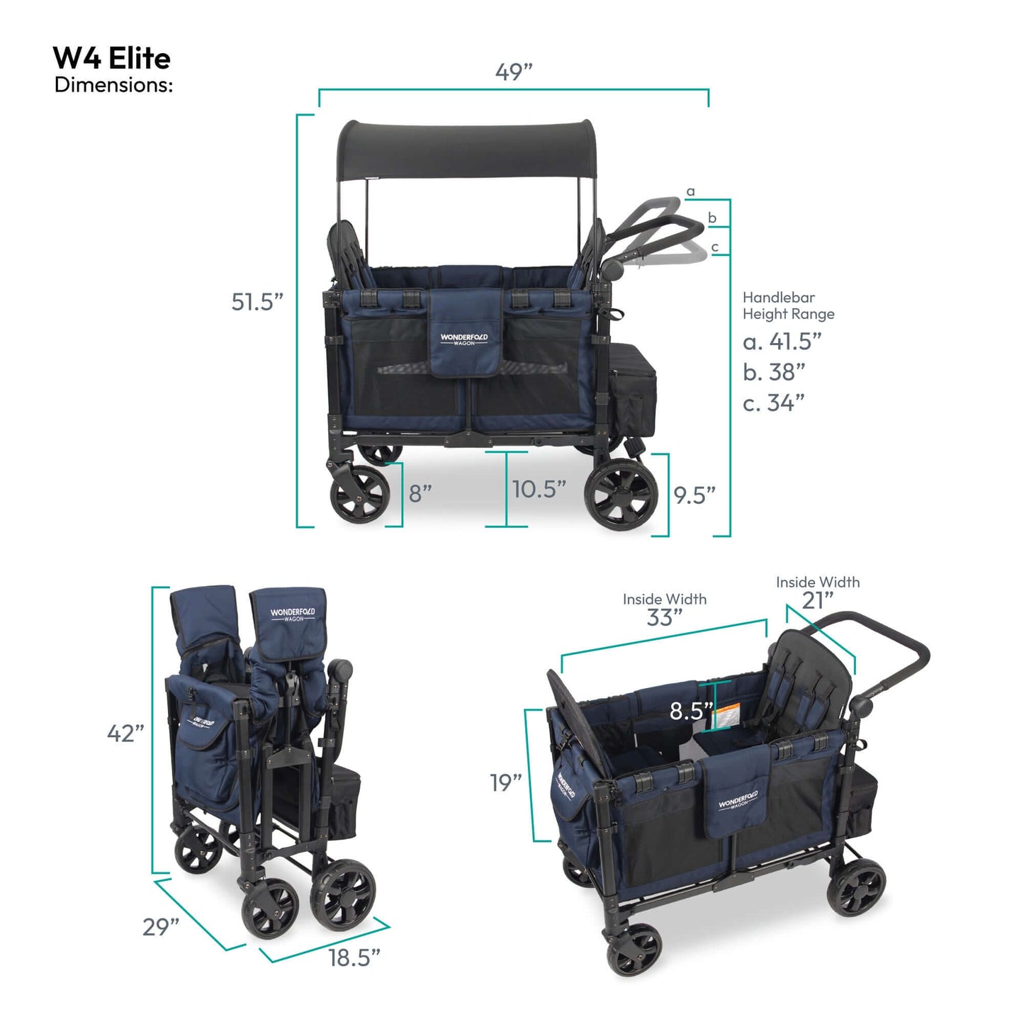 W4 Elite Quad Stroller Wagon - Dimension image of W4 Elite Quad Stroller Wagon Navy