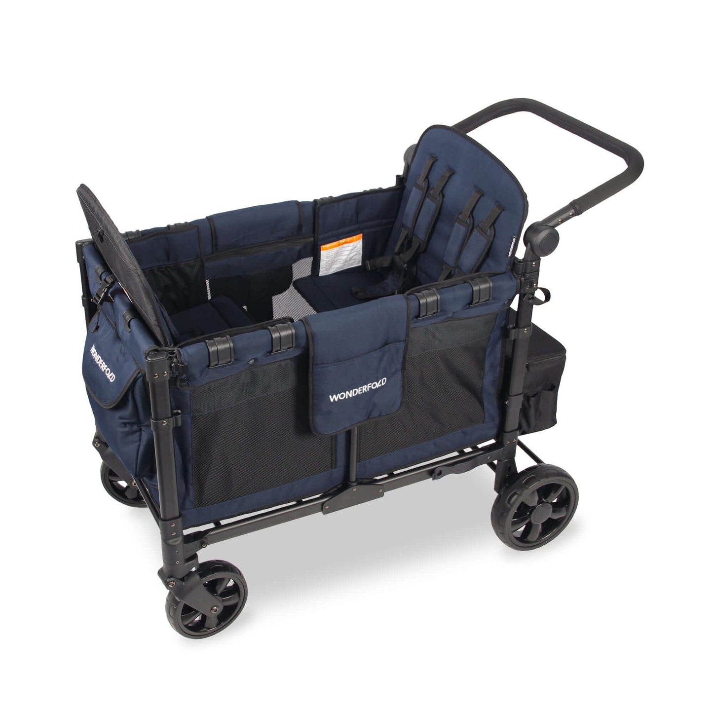 W4 Elite Quad Stroller Wagon - Top Inclined Side View of W4 Elite Quad Stroller Wagon Navy with Seats