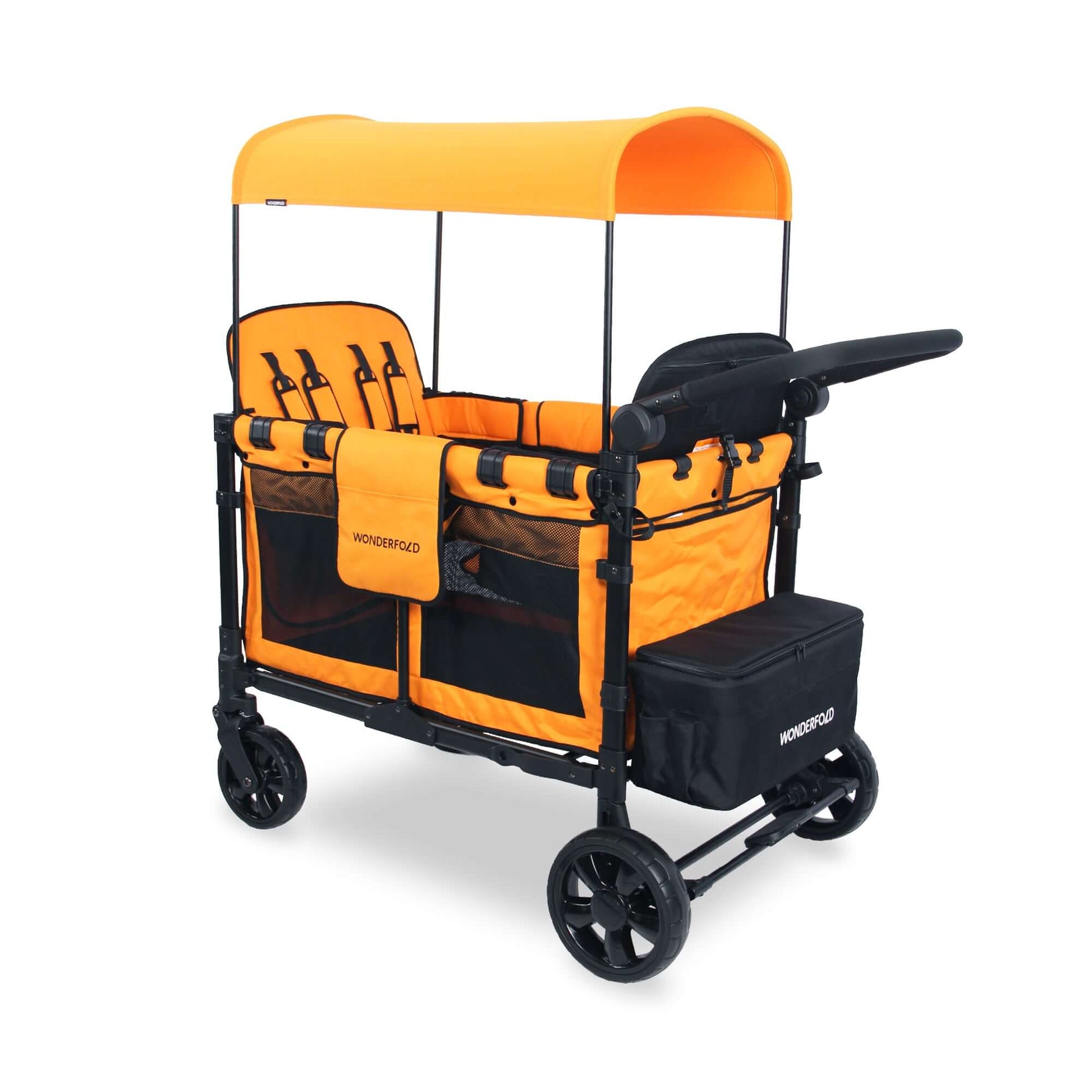 W4 Elite Quad Stroller Wagon - Inclined Rear View of W4 Elite Quad Stroller Wagon Orange