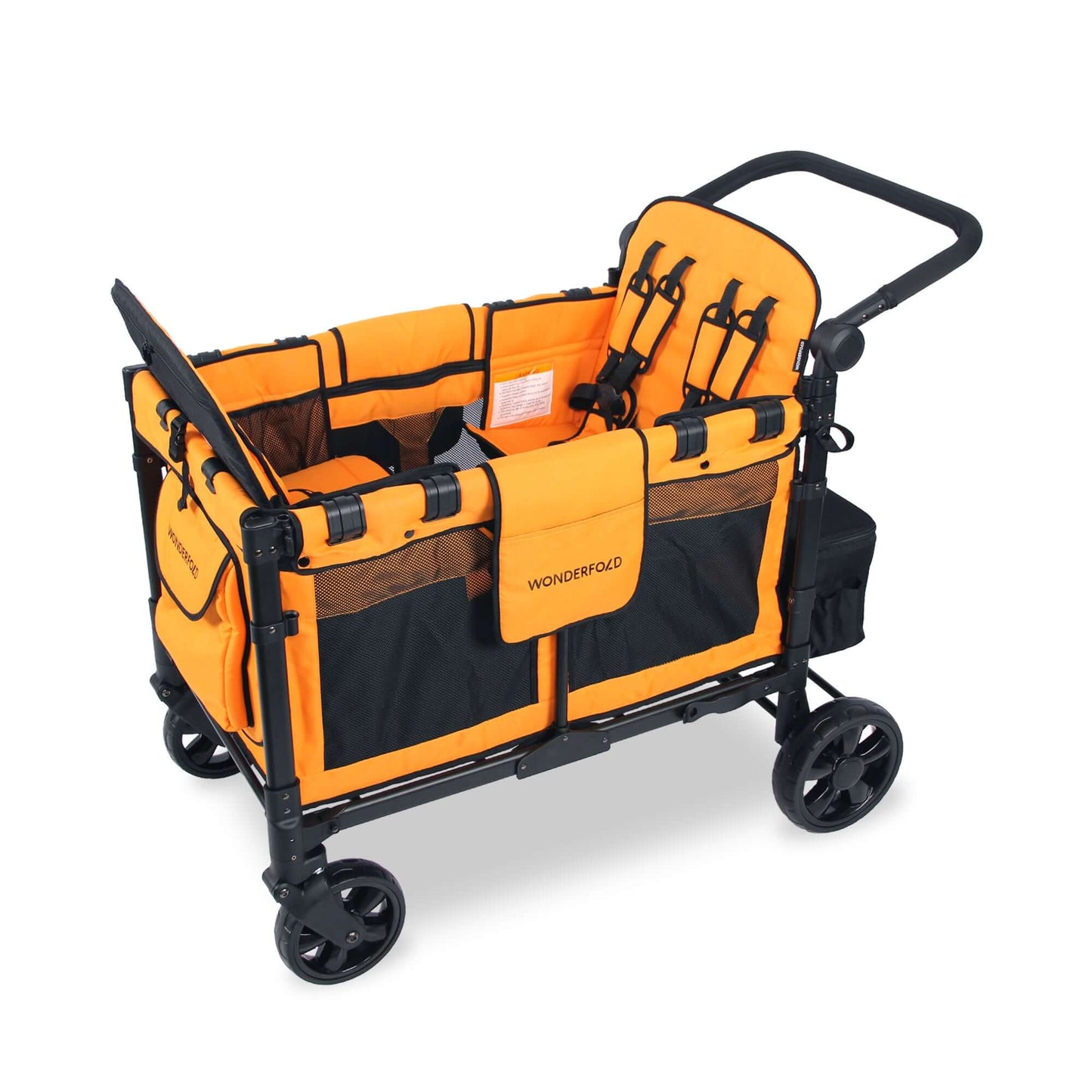 W4 Elite Quad Stroller Wagon - Inclined Side View of W4 Elite Quad Stroller Wagon Orange with Seats