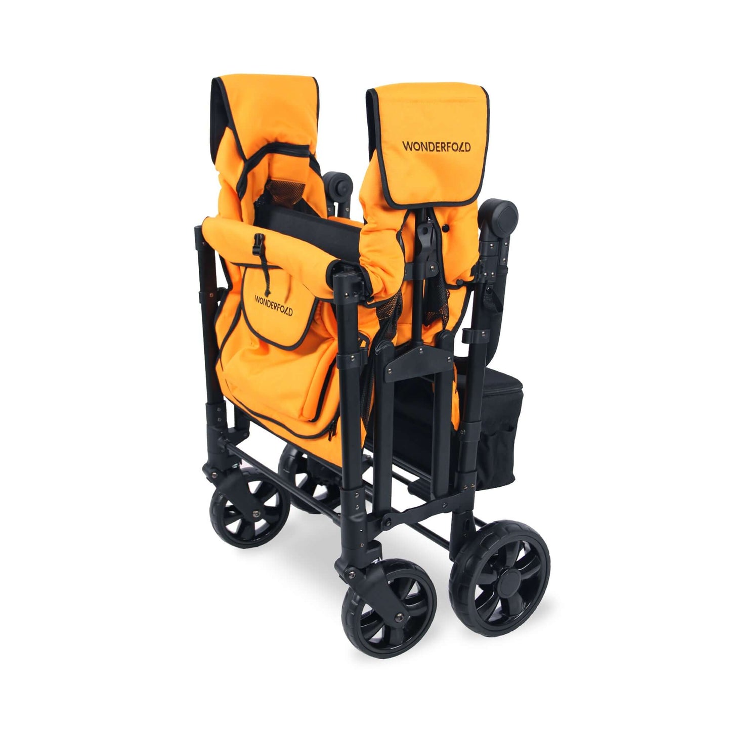 W4 Elite Quad Stroller Wagon - Inclined Side View of Folded W4 Elite Quad Stroller Wagon Orange