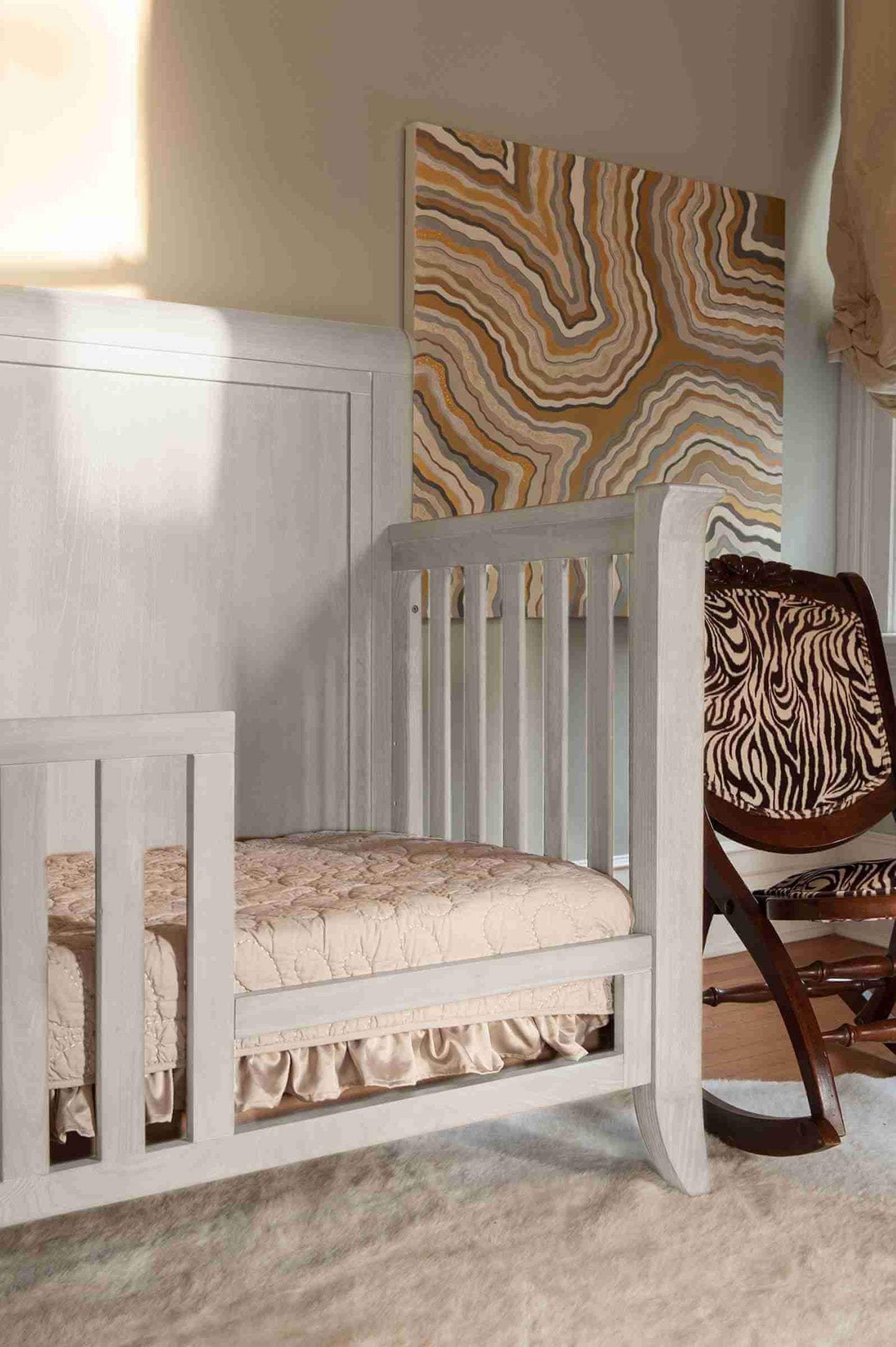 Cameo Sleigh Toddler Bed Conversion Kit - Zoomed Lifestyle Image Side View of Sleigh Toddler Bed Conversion Kit Steam Installed