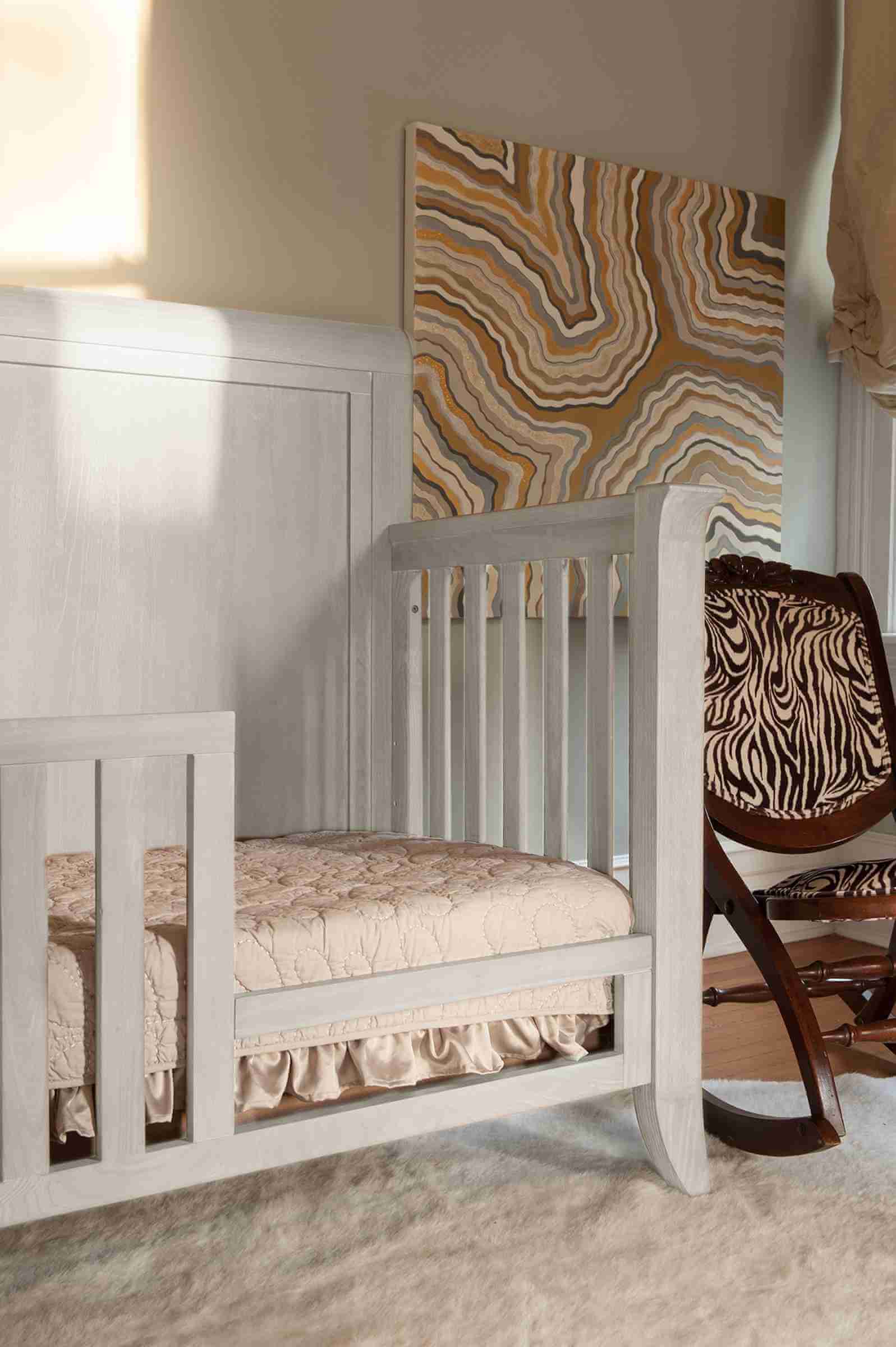Cameo Sleigh Toddler Bed Conversion Kit - Zoomed Lifestyle Image Side View of Sleigh Toddler Bed Conversion Kit Steam Installed