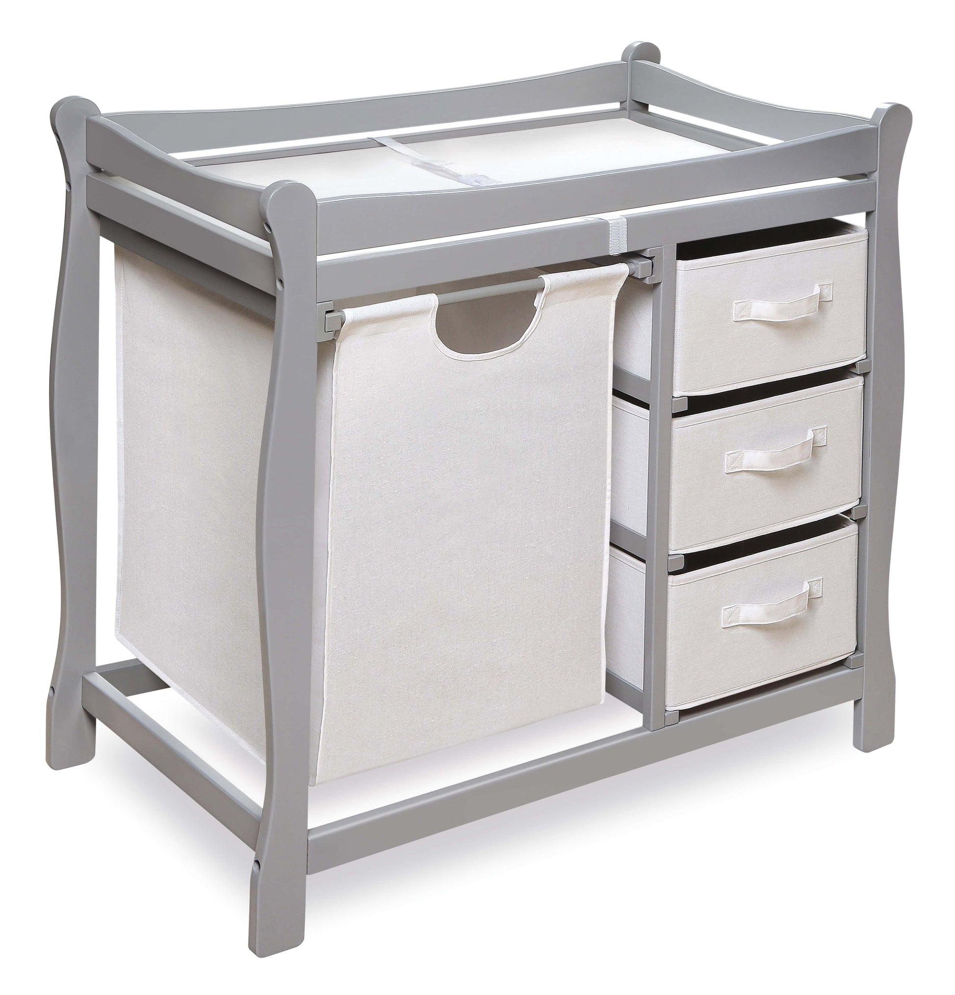 Sleigh Style Baby Changing Table with Hamper and 3 Baskets - Inclined Side View of Sleigh Style Baby Changing Table with Hamper and 3 Baskets Multi Tone Gray