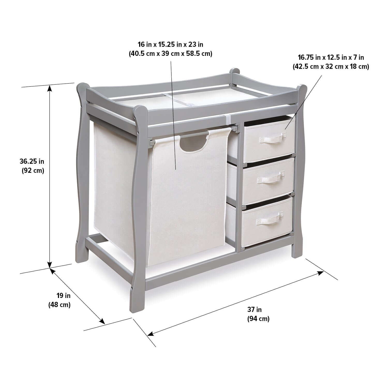 Sleigh Style Baby Changing Table with Hamper and 3 Baskets - Dimension Image of Sleigh Style Baby Changing Table with Hamper and 3 Baskets Multi Tone Gray