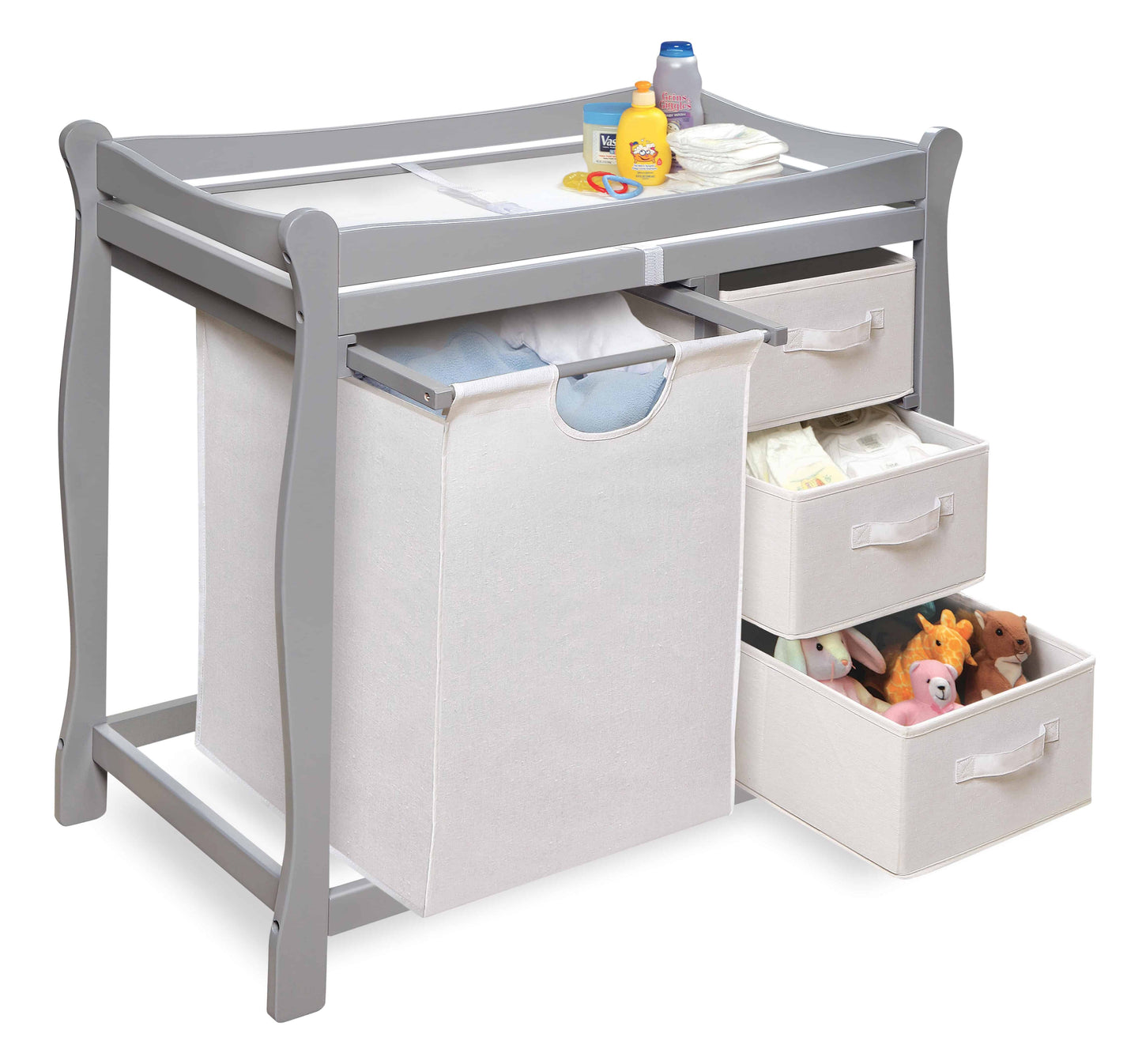 Sleigh Style Baby Changing Table with Hamper and 3 Baskets - Inclined Side View of Open Drawer Sleigh Style Baby Changing Table with Hamper and 3 Baskets Multi Tone Gray