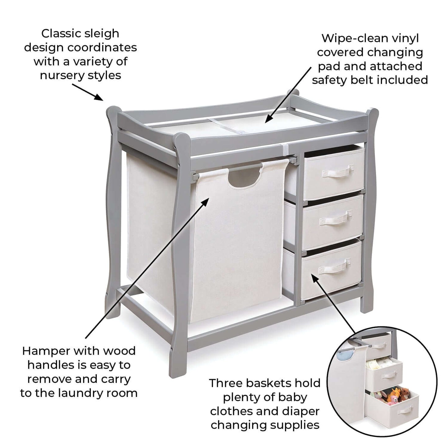 Sleigh Style Baby Changing Table with Hamper and 3 Baskets - Feature Image of Sleigh Style Baby Changing Table with Hamper and 3 Baskets Multi Tone Gray