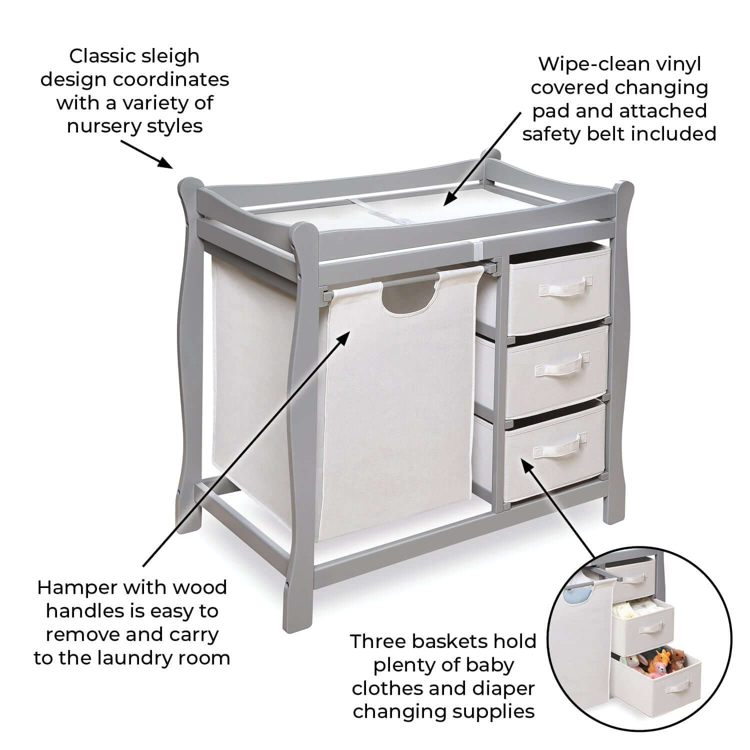 Sleigh Style Baby Changing Table with Hamper and 3 Baskets - Feature Image of Sleigh Style Baby Changing Table with Hamper and 3 Baskets Multi Tone Gray