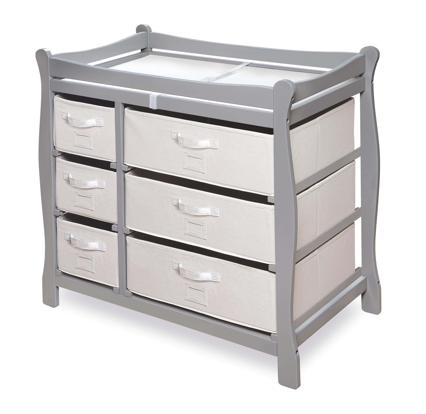Sleigh Style Baby Changing Table with 6 Baskets - Inclined Side View of Sleigh Style Baby Changing Table with 6 Baskets Multi Tone Gray
