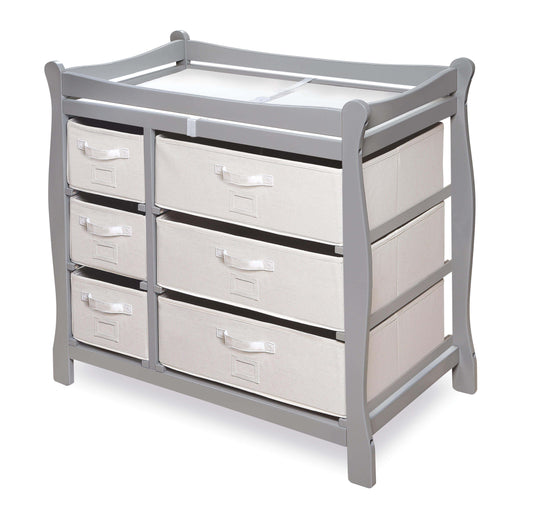 Sleigh Style Baby Changing Table with 6 Baskets - Inclined Side View of Sleigh Style Baby Changing Table with 6 Baskets Multi Tone Gray