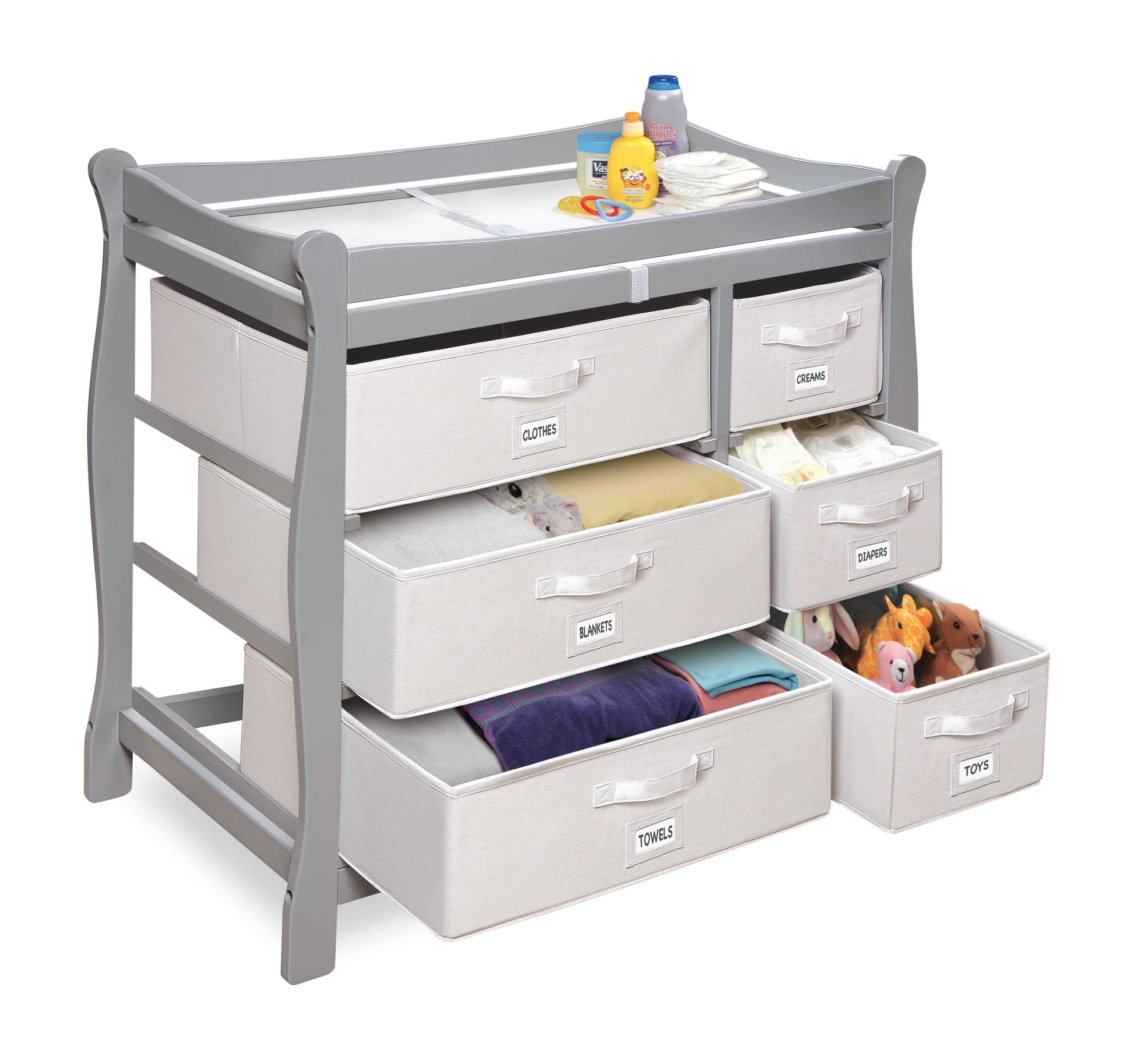 Sleigh Style Baby Changing Table with 6 Baskets - Inclined Side View of Open Drawer Sleigh Style Baby Changing Table with 6 Baskets Multi Tone Gray