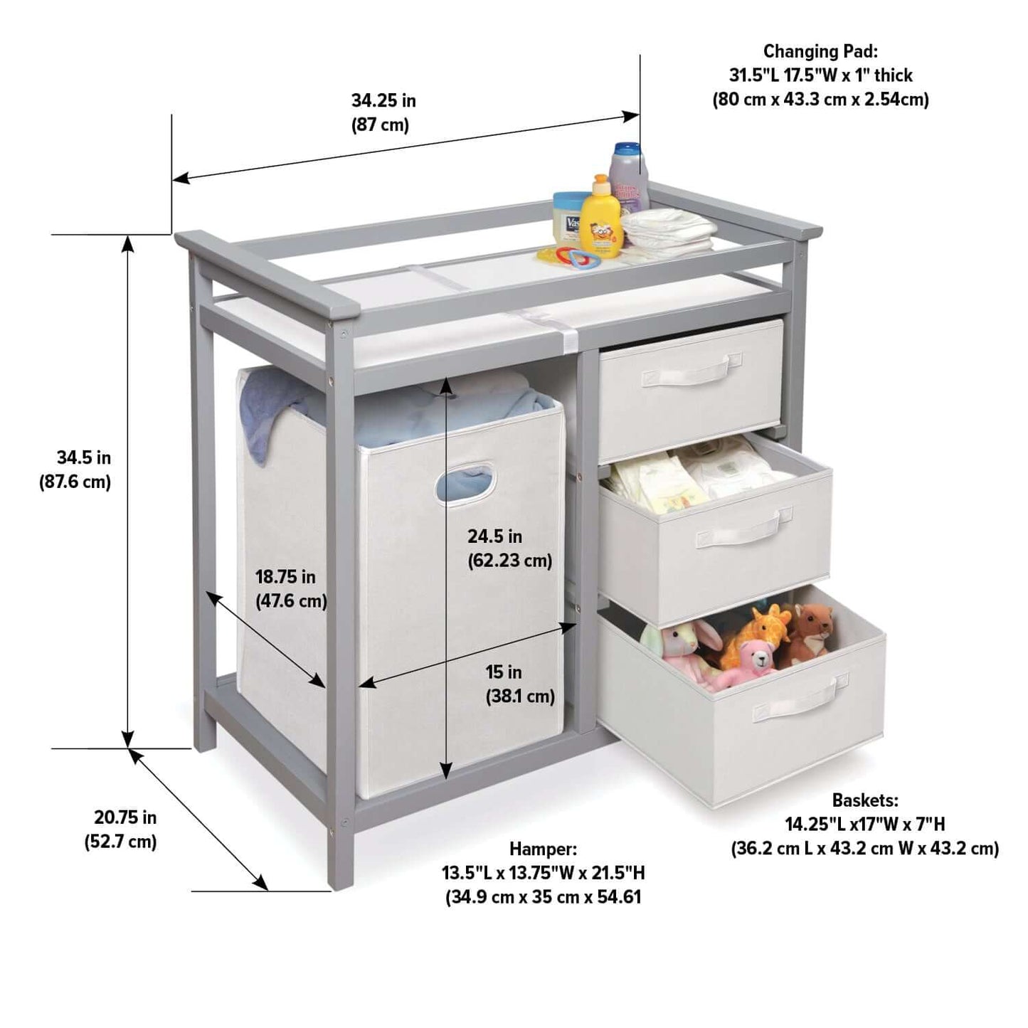 Modern Baby Changing Table with Hamper and 3 Baskets - Dimension Image of Modern Baby Changing Table with Hamper and 3 Baskets Multi tone Gray