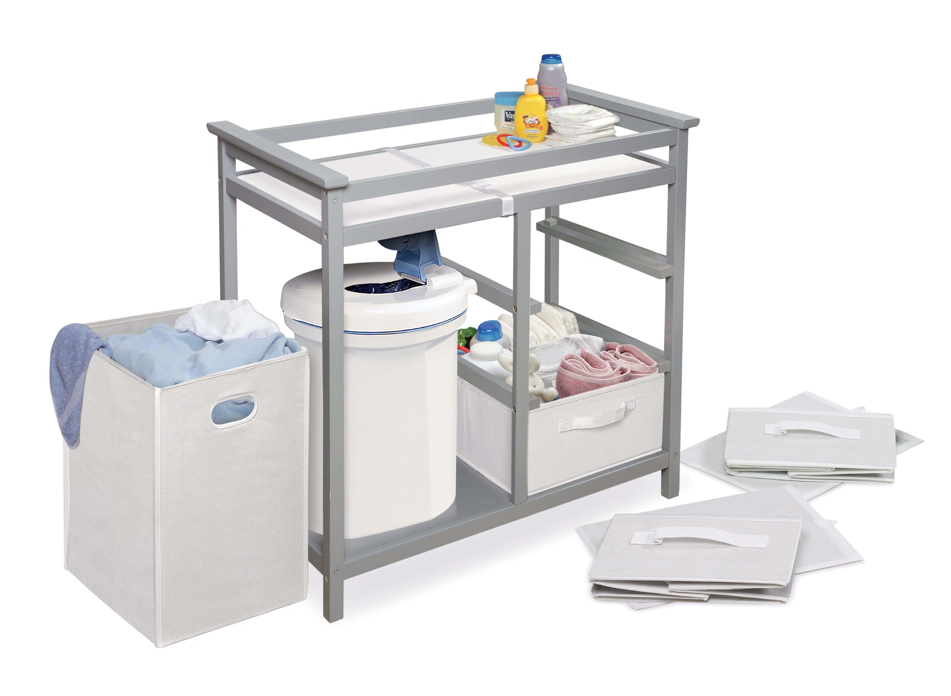 Modern Baby Changing Table with Hamper and 3 Baskets - Inclined Side View of Modern Baby Changing Table with Removeable Hamper and 3 Baskets Multi tone Gray