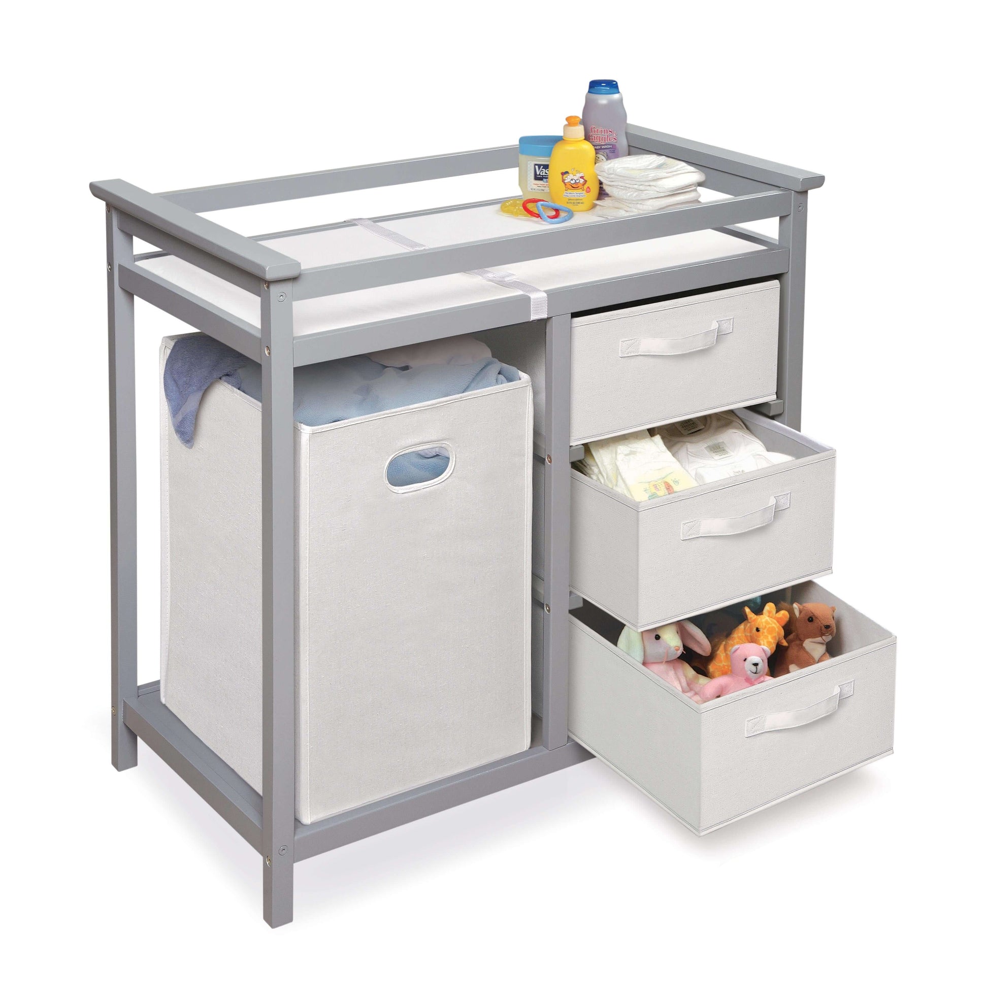 Modern Baby Changing Table with Hamper and 3 Baskets - Inclined Side View of Open Drawer Modern Baby Changing Table with Hamper and 3 Baskets Multi tone Gray