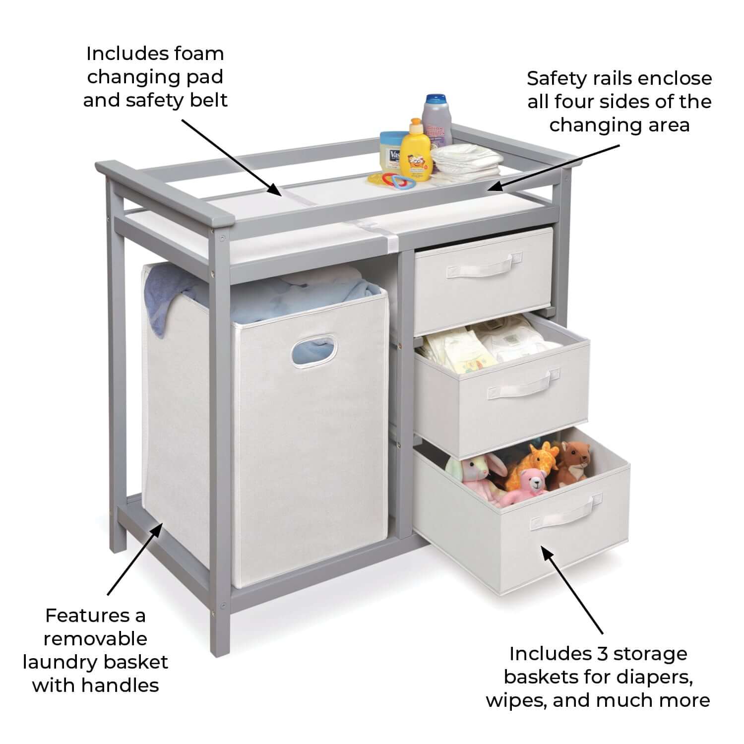 Modern Baby Changing Table with Hamper and 3 Baskets - Feature Image of Modern Baby Changing Table with Hamper and 3 Baskets Multi tone Gray