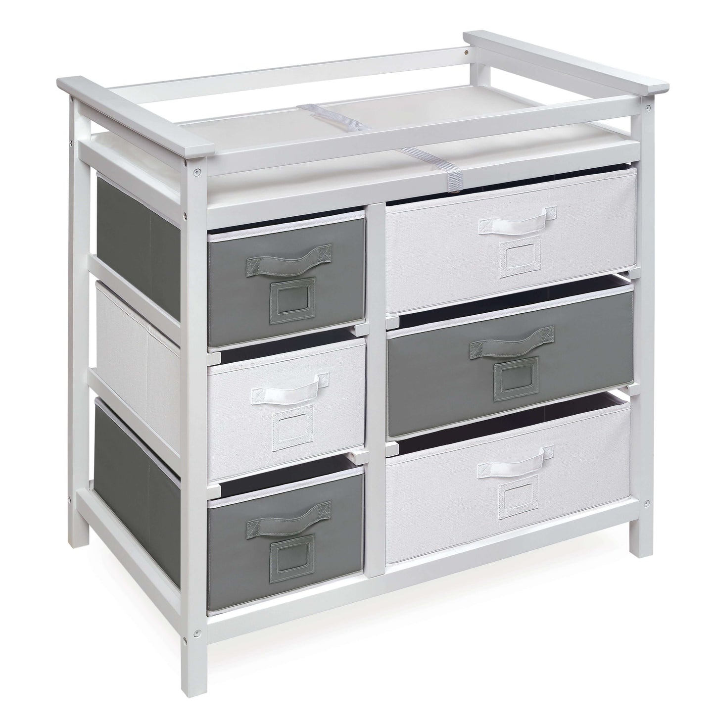 Modern Baby Changing Table with Six Baskets - Inclined Side View of Modern Baby Changing Table White with Six Baskets White and Gray