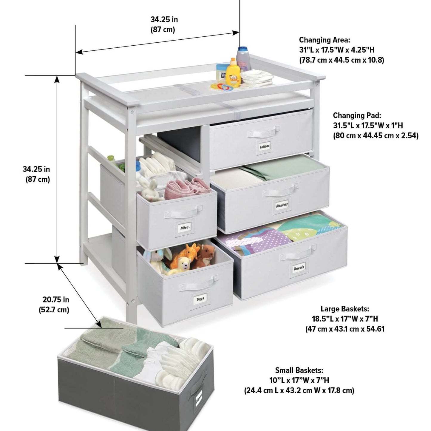 Modern Baby Changing Table with Six Baskets - Dimension Image of Modern Baby Changing Table with Six Baskets White