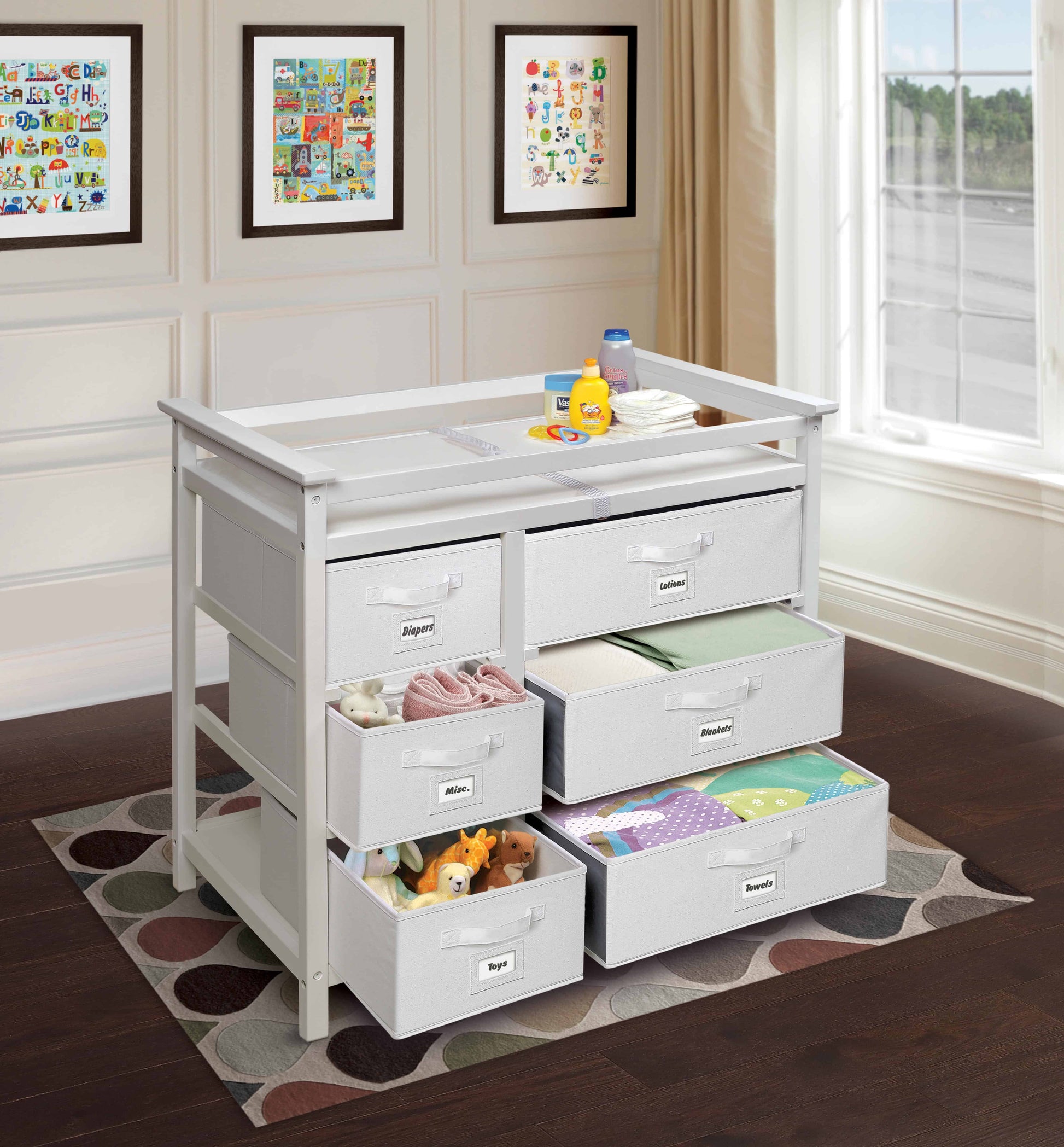 Modern Baby Changing Table with Six Baskets - Lifestyle Image Open Drawer of Modern Baby Changing Table with Six Baskets White